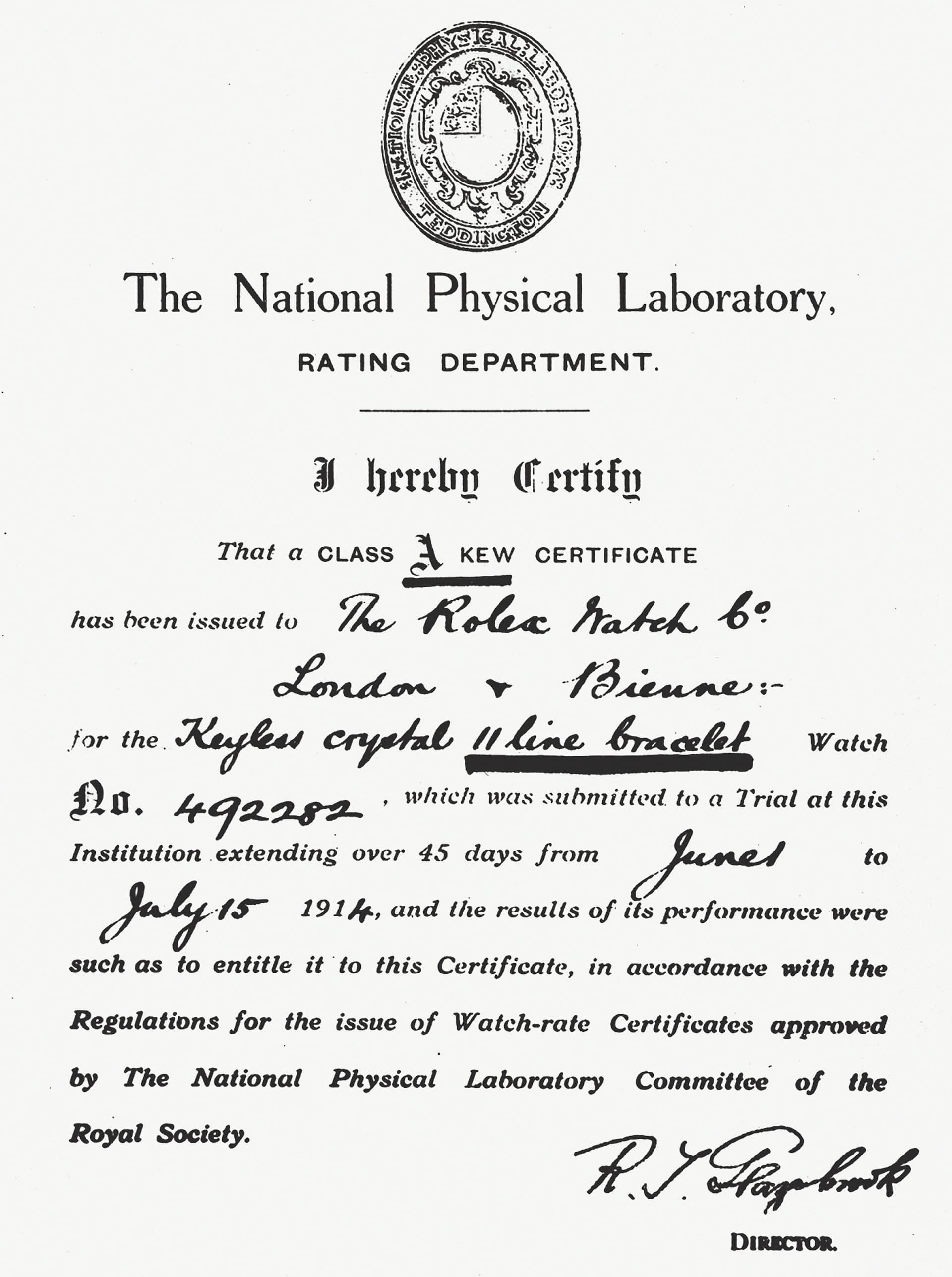 Certificate of chronometric precision