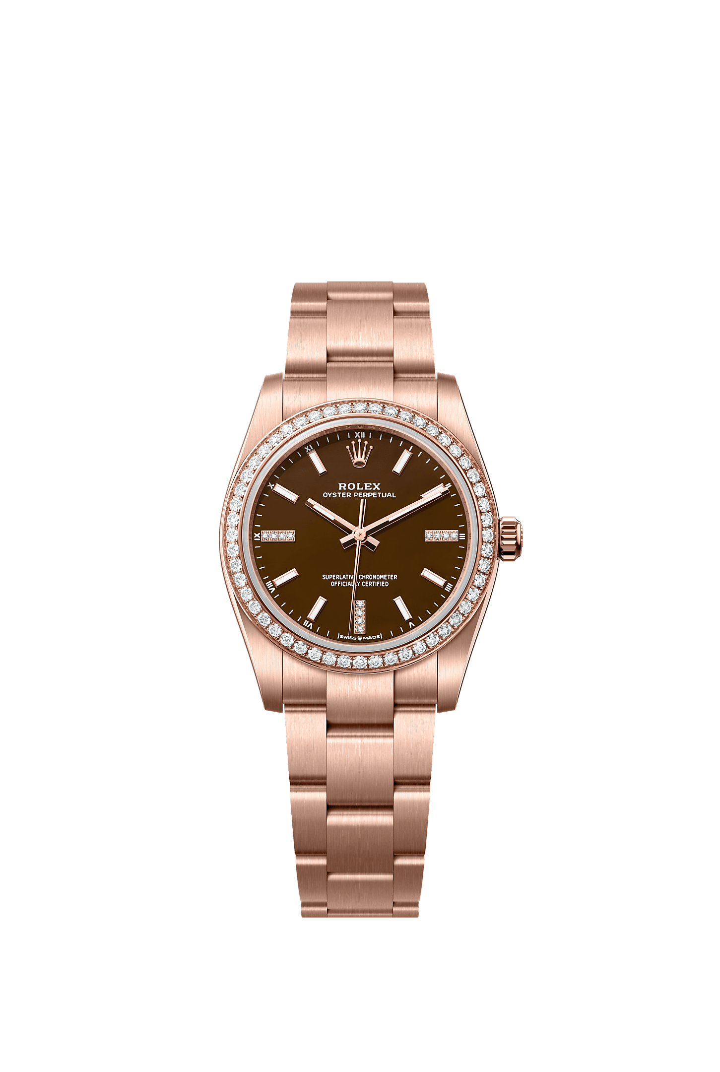Oyster Perpetual 34, Oyster, 34 mm, Everose gold and diamonds, Dial : Brown stone set with diamonds, Rolex