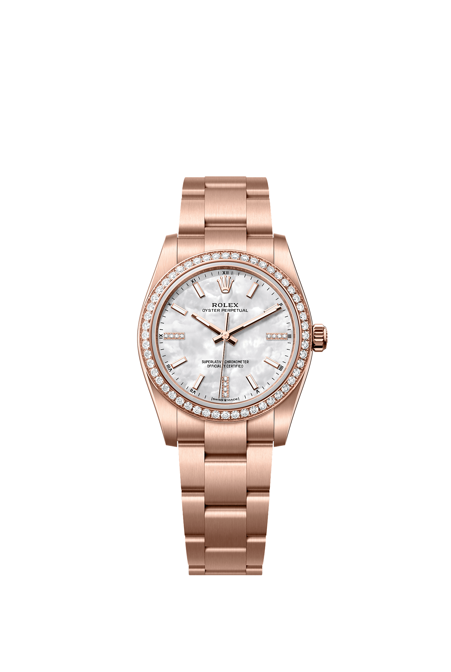 Oyster Perpetual 34, Oyster, 34 mm, Everose gold and diamonds, Dial : White mother-of-pearl set with diamonds, Rolex