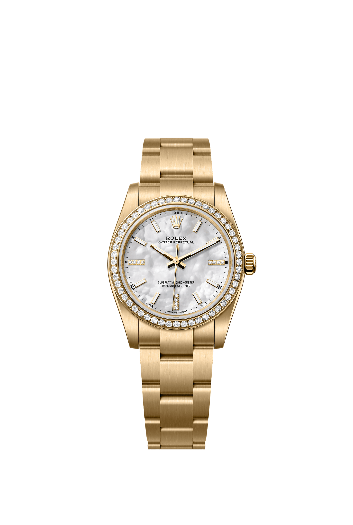 Oyster Perpetual 34, Oyster, 34 mm, yellow gold and diamonds, Dial : White mother-of-pearl set with diamonds, Rolex