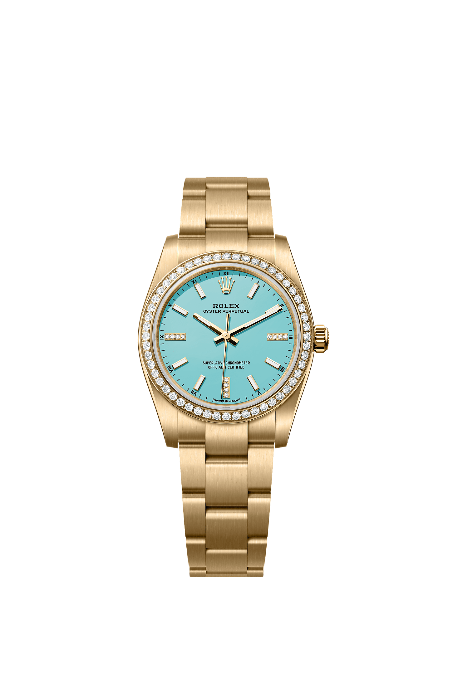 蚝式恒动型 34, 蚝式，34毫米，钻石及黄金, 表盘 : 绿松石蓝色，镶钻石, Rolex