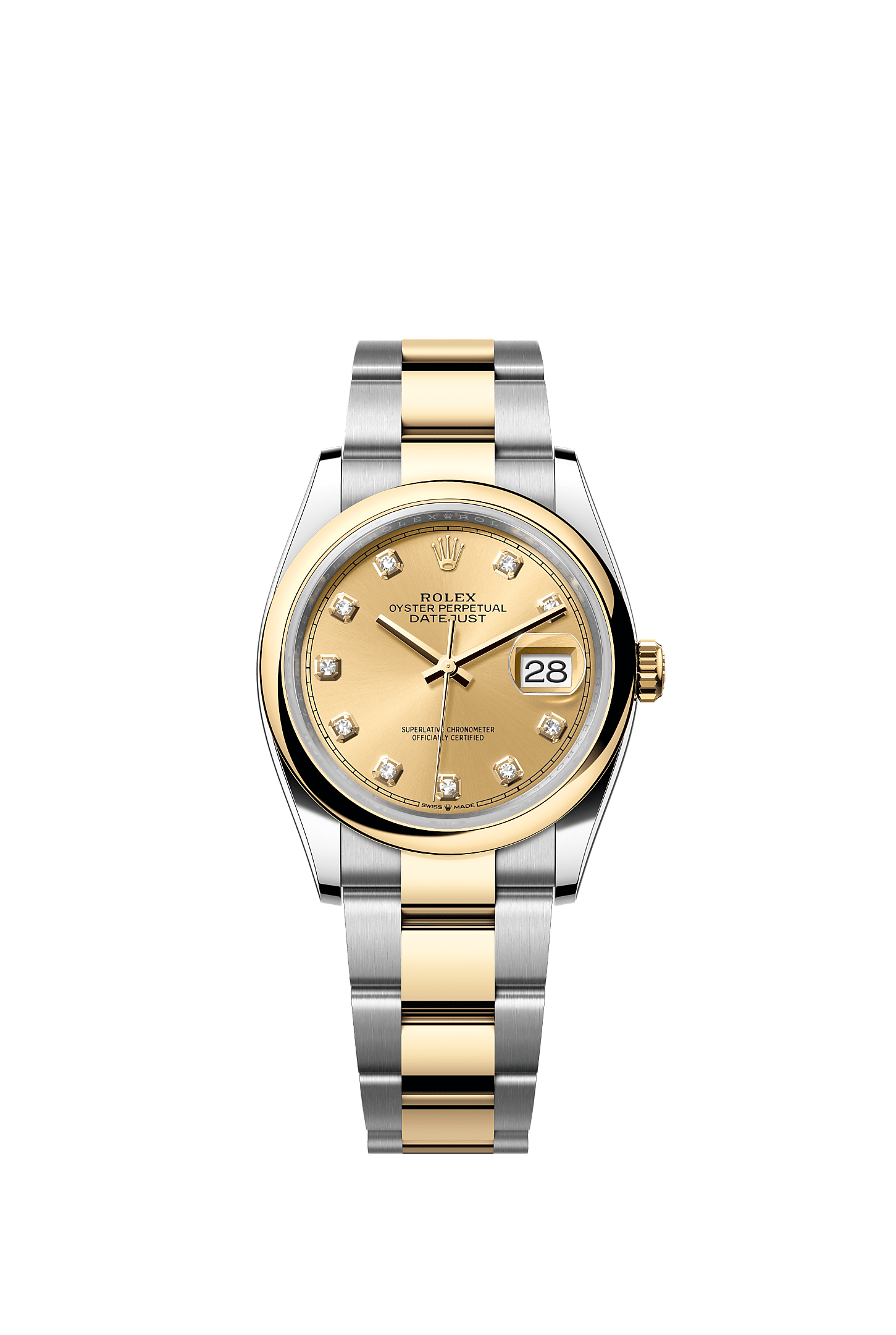 Datejust 36, Oyster, 36 mm, Oystersteel and yellow gold, Dial : Champagne-colour set with diamonds, Rolex