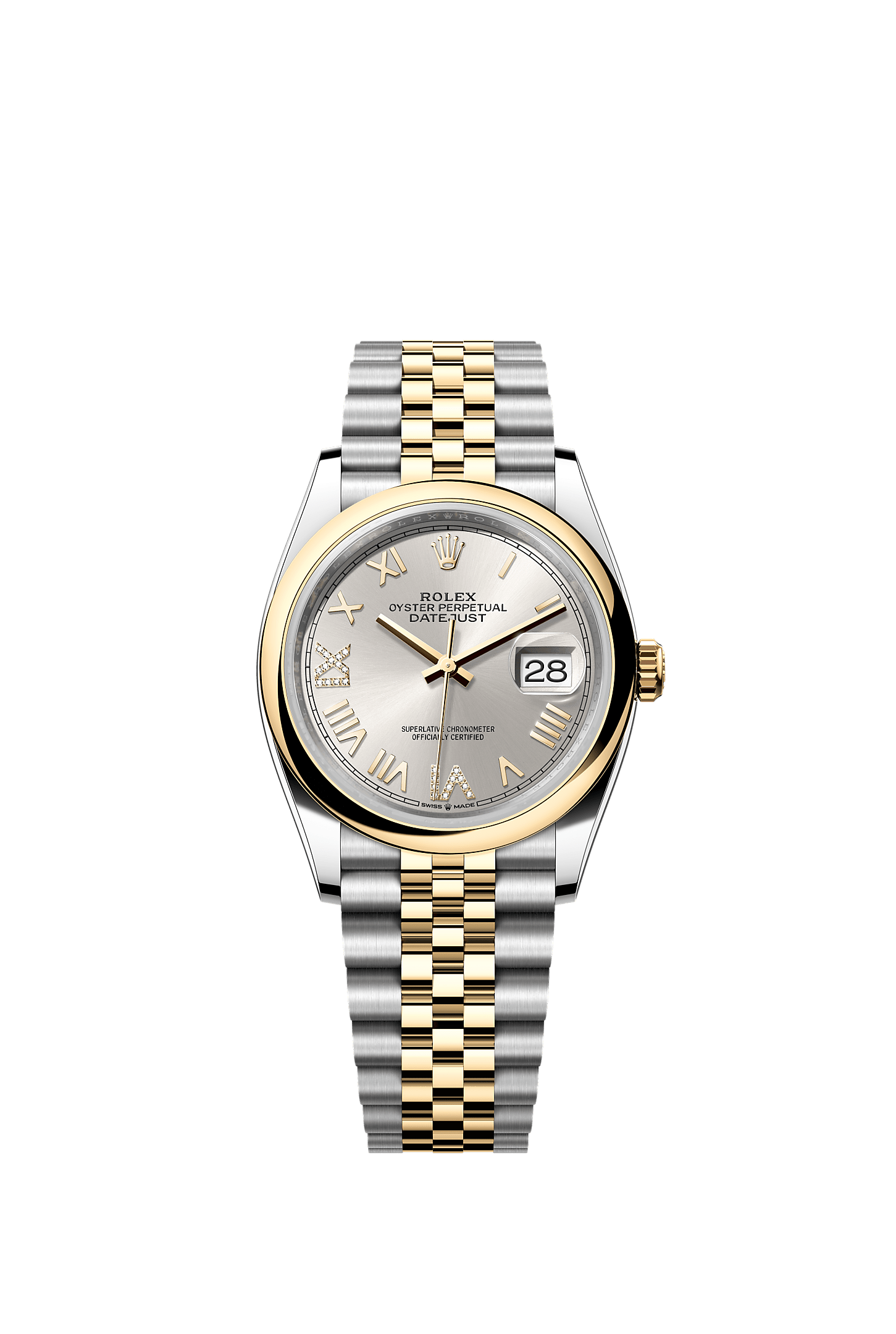 日志型 36, 蚝式，36毫米，黄金及蚝式钢, 表盘 : 银色，镶钻石, Rolex
