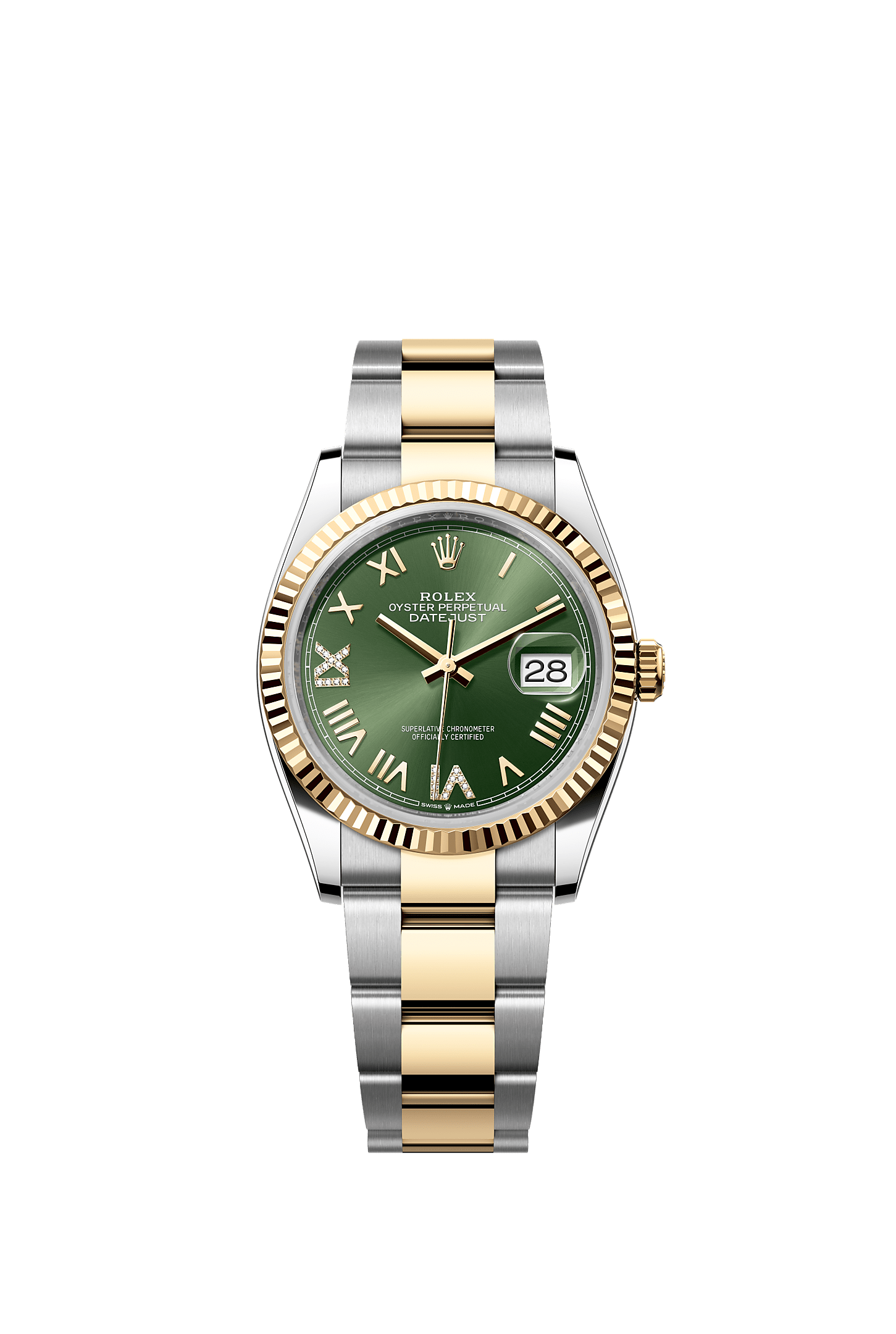日志型 36, 蚝式，36毫米，黄金及蚝式钢, 表盘 : 橄榄绿色，镶钻石, Rolex