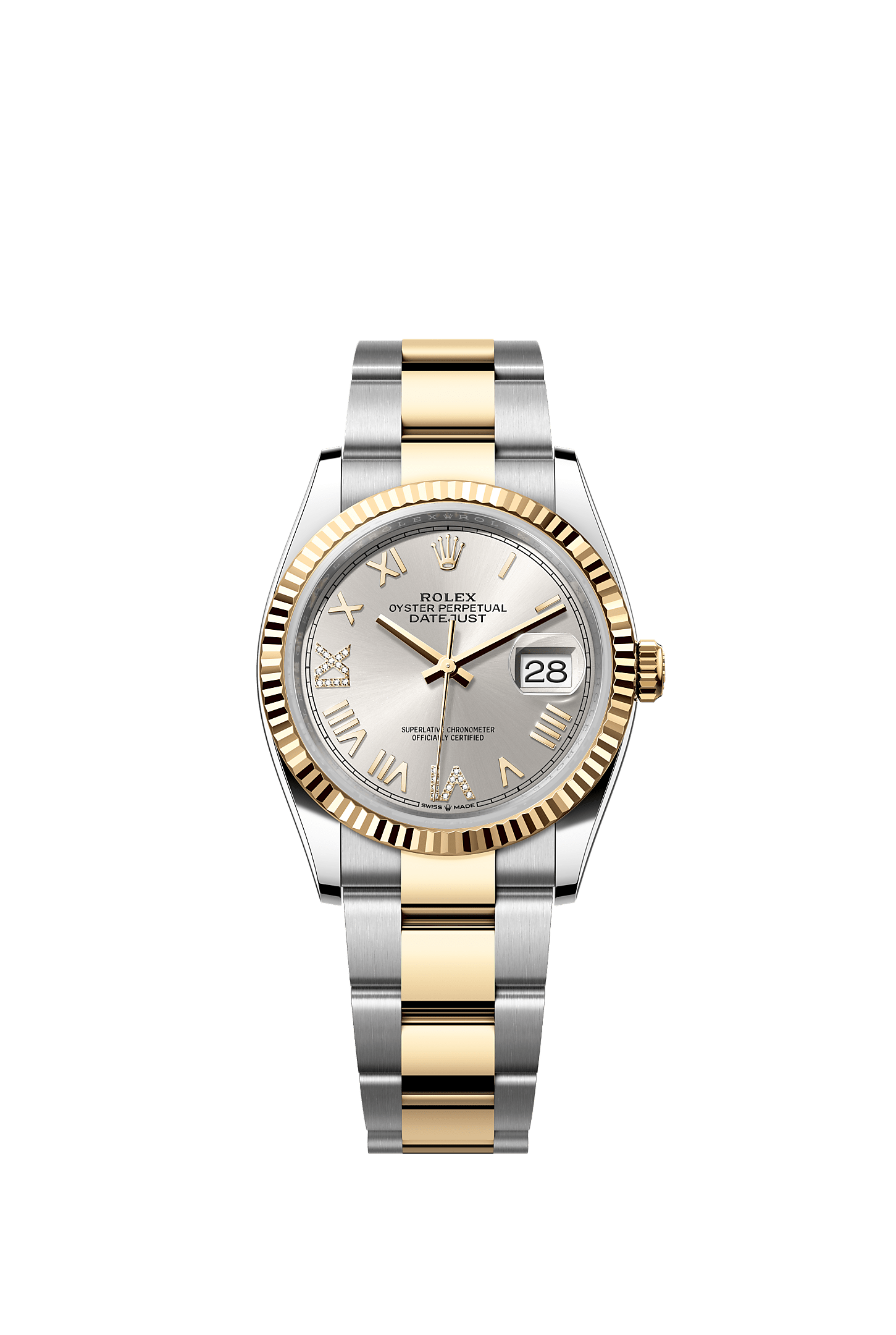 Datejust 36, Oyster, 36 mm, Oystersteel and yellow gold, Dial : Silver set with diamonds, Rolex