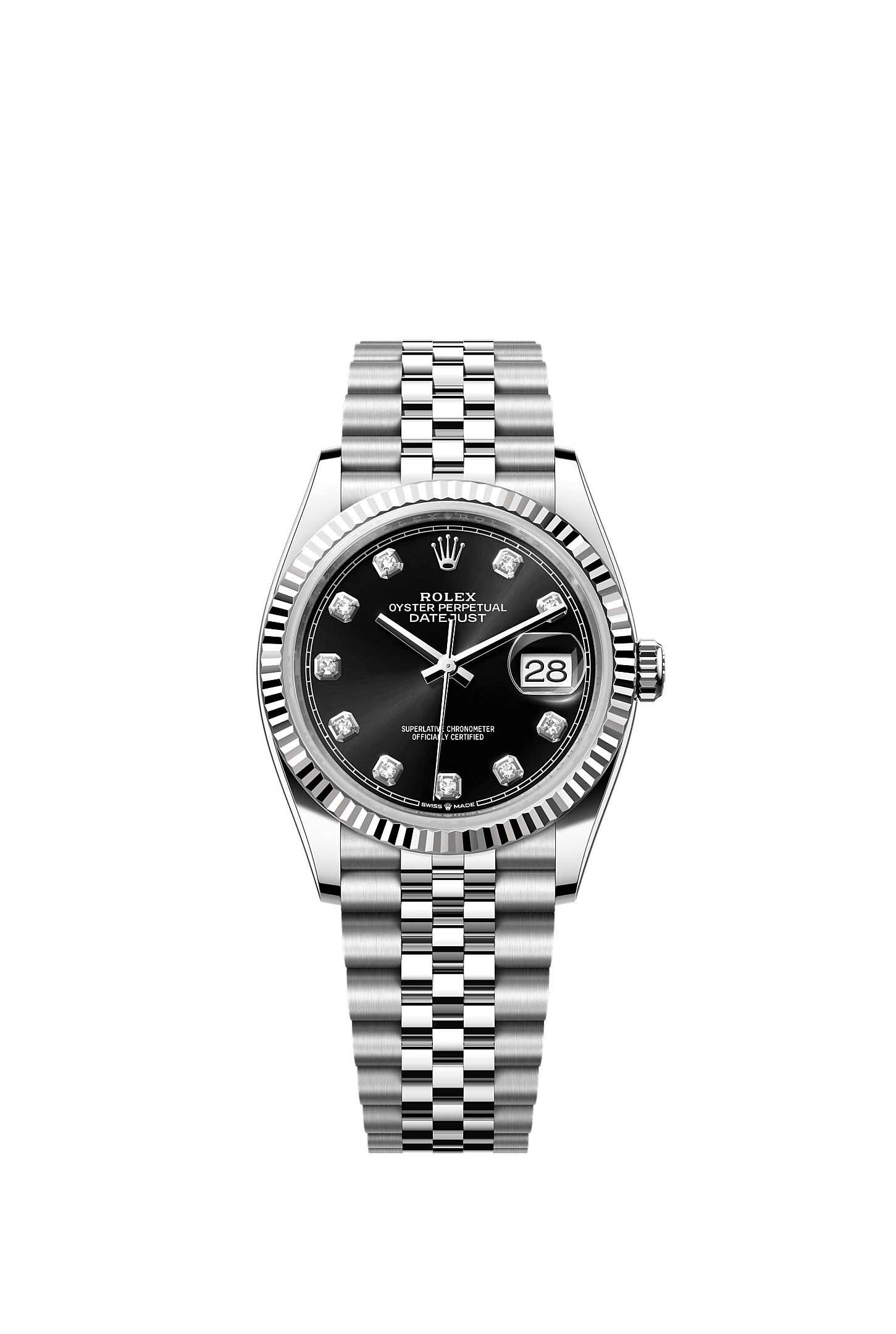 Datejust 36, Oyster, 36 mm, Oystersteel and white gold, Dial : Bright black set with diamonds, Rolex