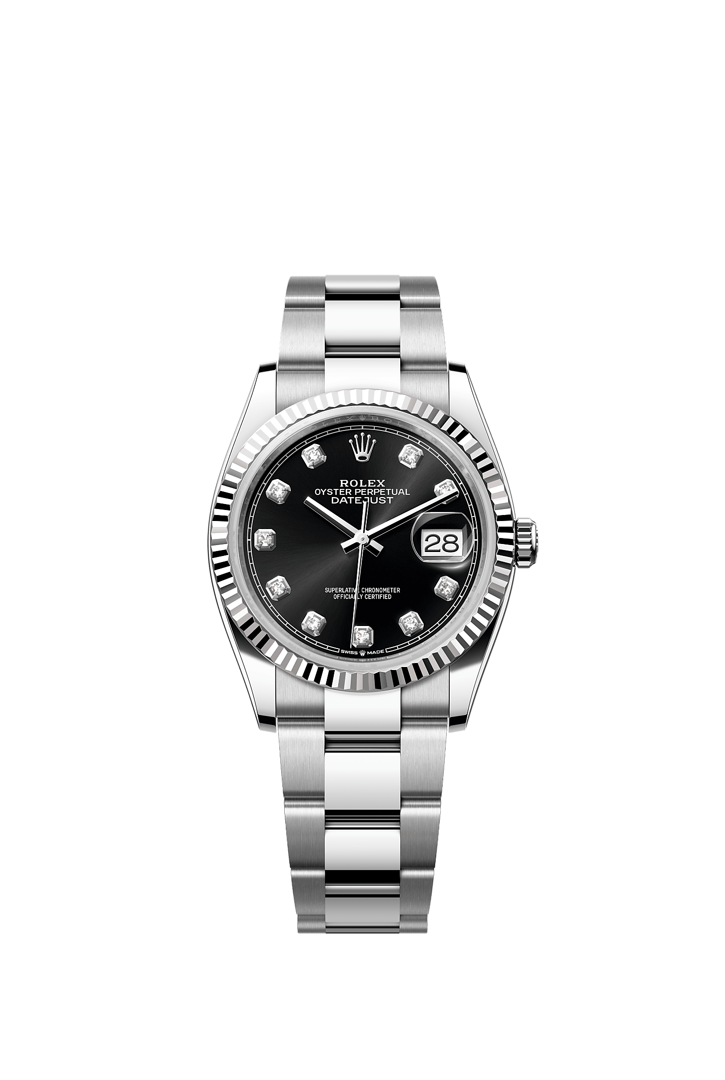 Datejust 36, Oyster, 36 mm, Oystersteel and white gold, Dial : Bright black set with diamonds, Rolex