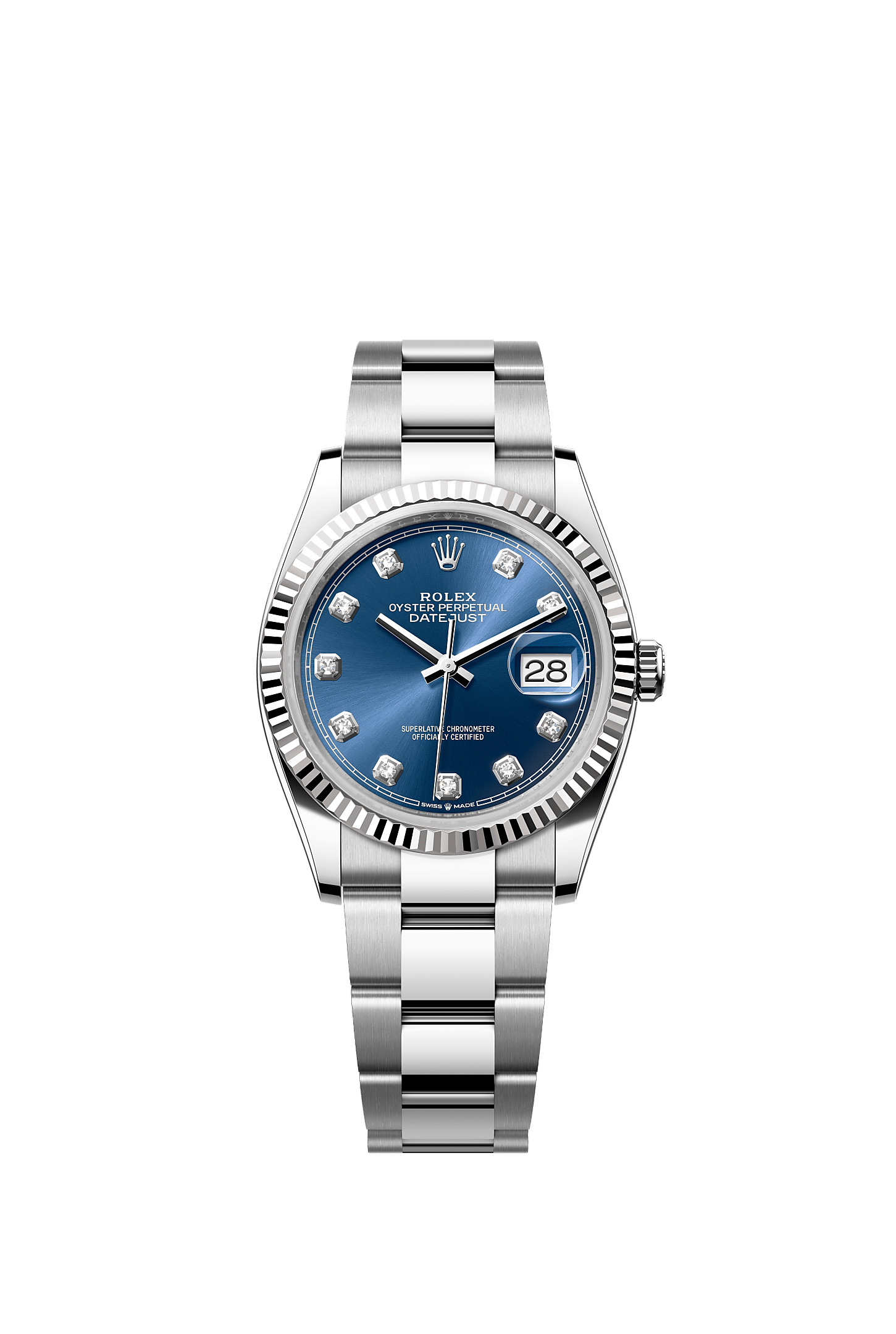 Datejust 36, Oyster, 36 mm, Oystersteel and white gold, Dial : Bright blue set with diamonds, Rolex