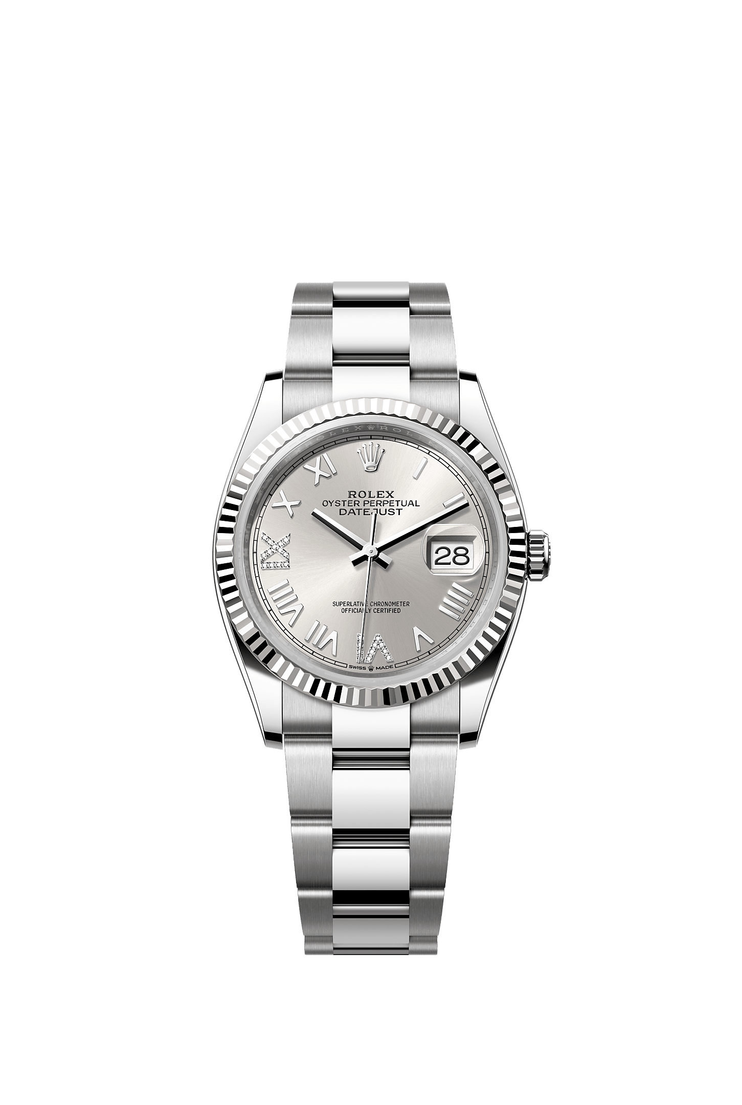 Datejust 36, Oyster, 36 mm, Oystersteel and white gold, Dial : Silver set with diamonds, Rolex