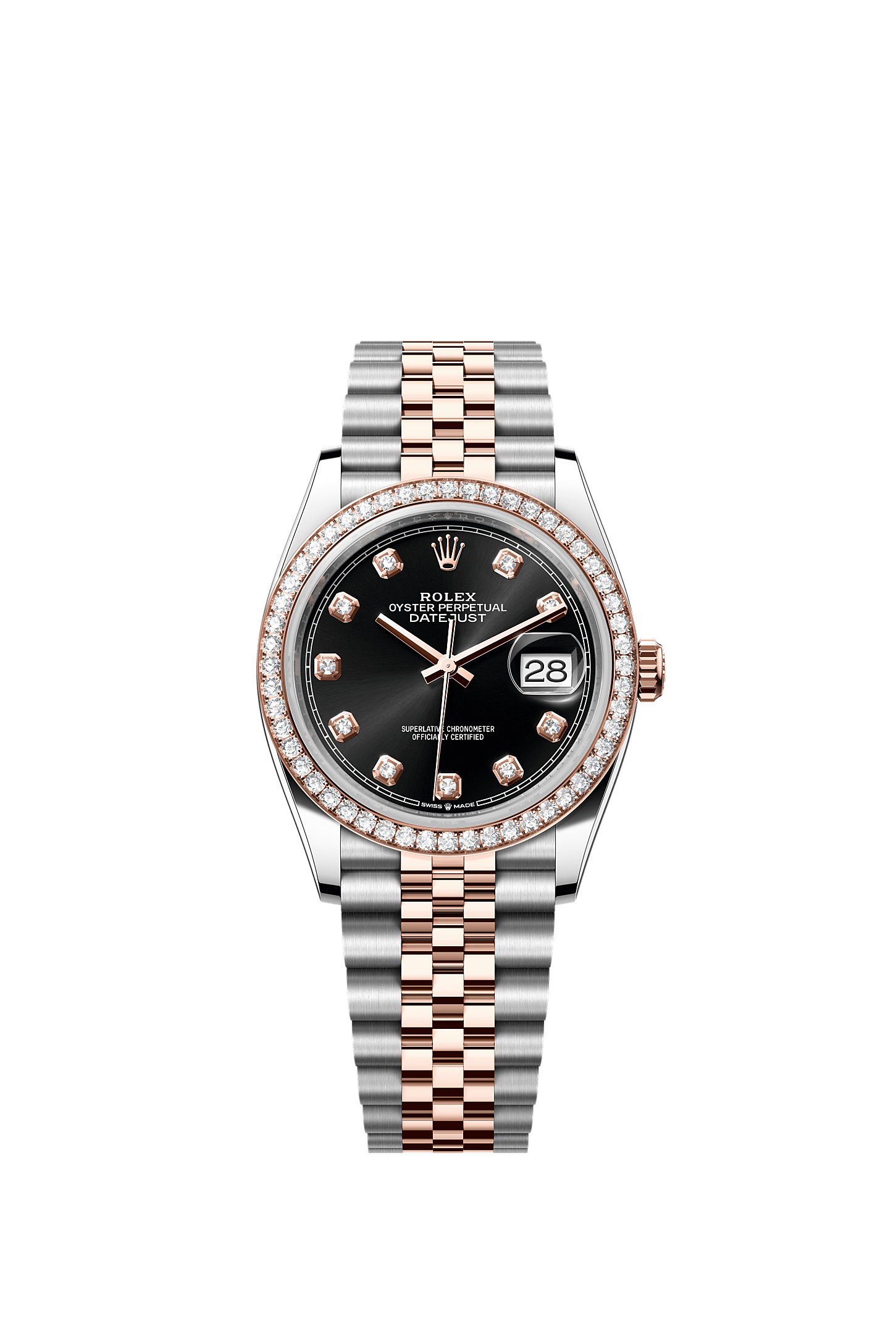 Datejust 36, Oyster, 36 mm, Oystersteel, Everose gold and diamonds, Dial : Bright black set with diamonds, Rolex