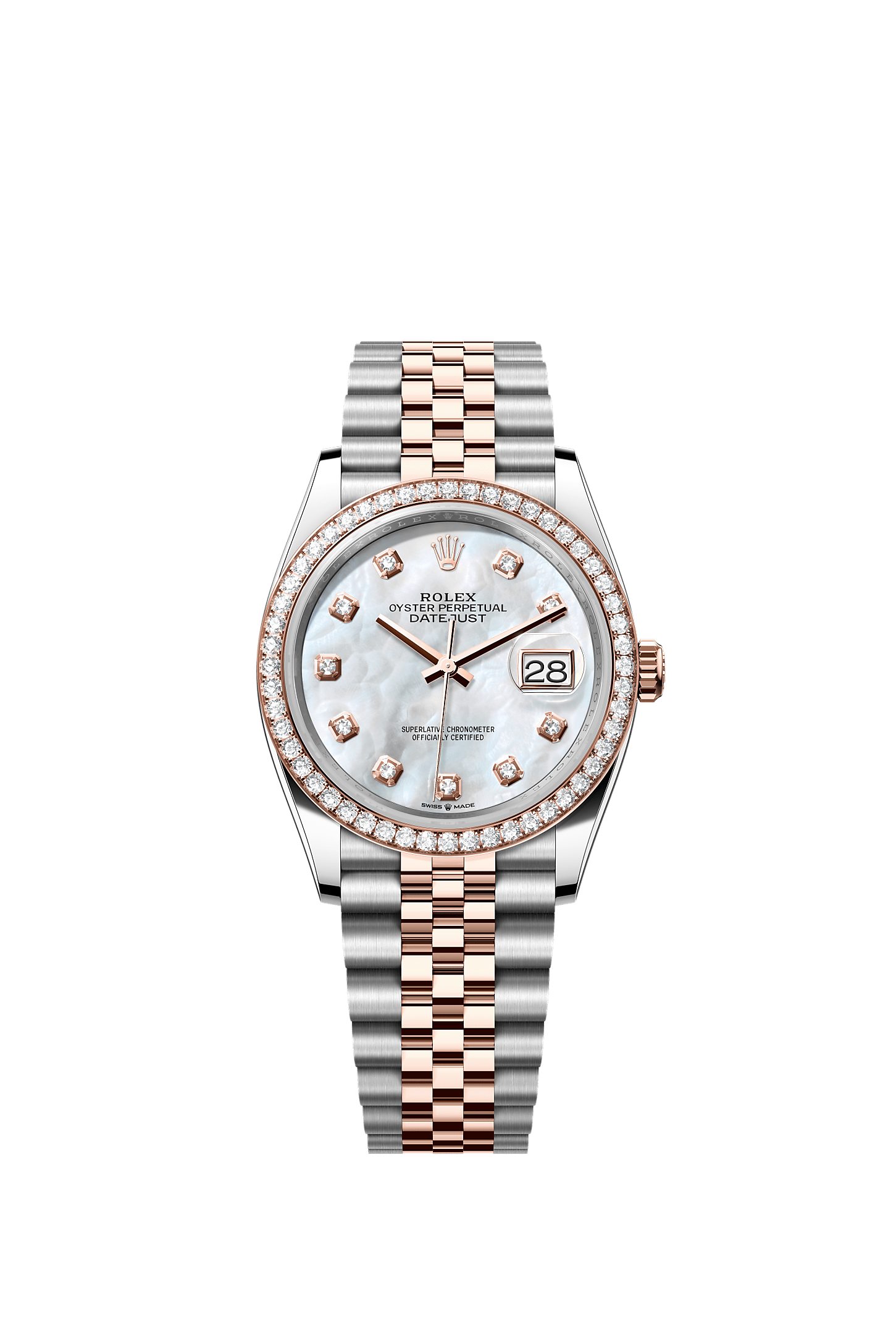 Datejust 36, Oyster, 36 mm, Oystersteel, Everose gold and diamonds, Dial : White mother-of-pearl set with diamonds, Rolex