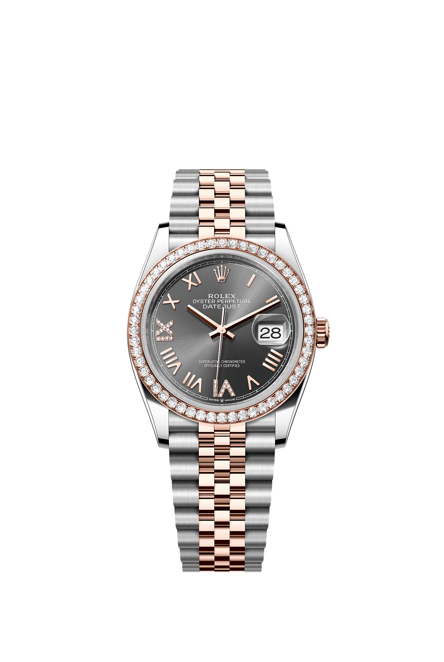 Datejust 36, Oyster, 36 mm, Oystersteel, Everose gold and diamonds, Dial : Slate set with diamonds, Rolex
