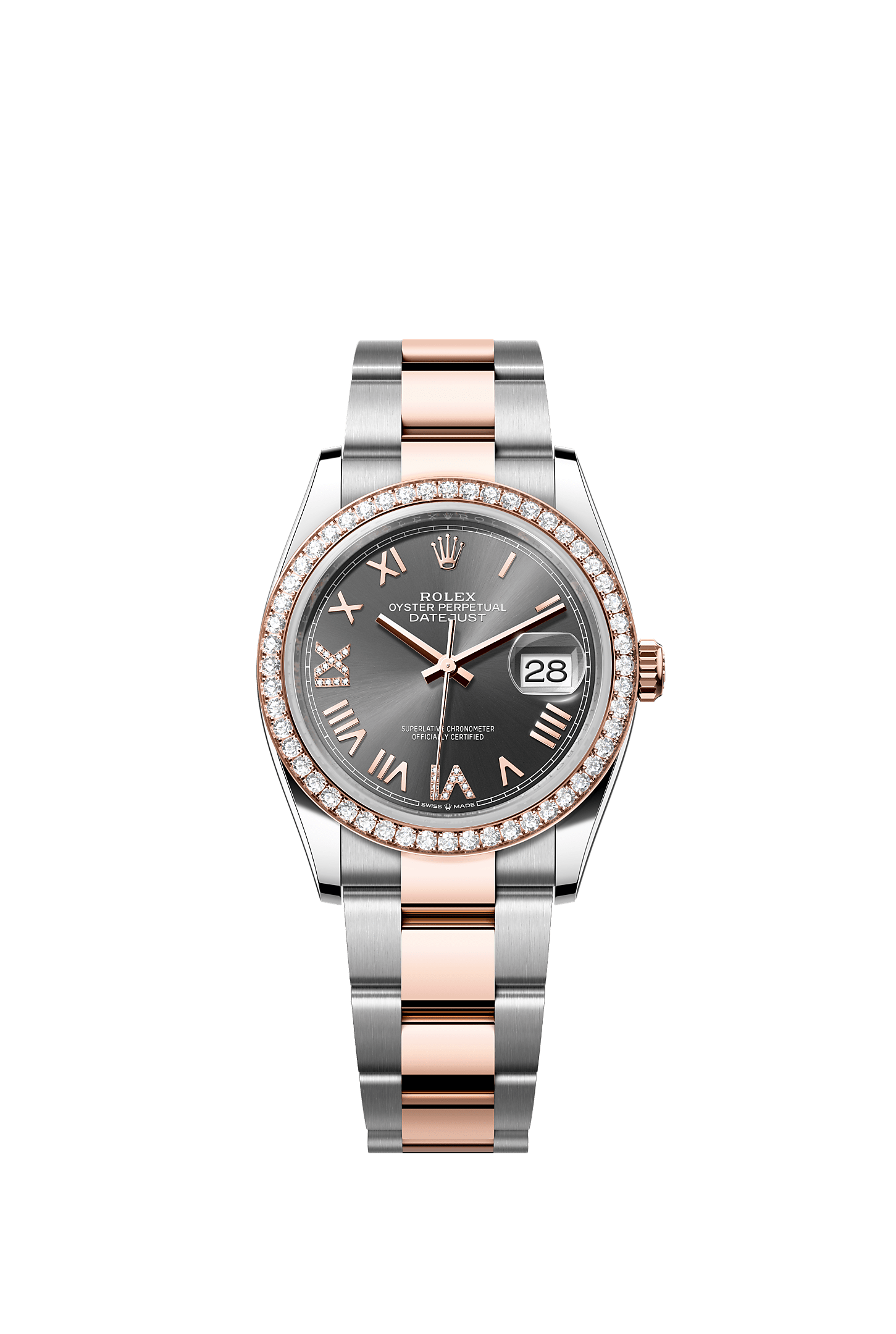Datejust 36, Oyster, 36 mm, Oystersteel, Everose gold and diamonds, Dial : Slate set with diamonds, Rolex