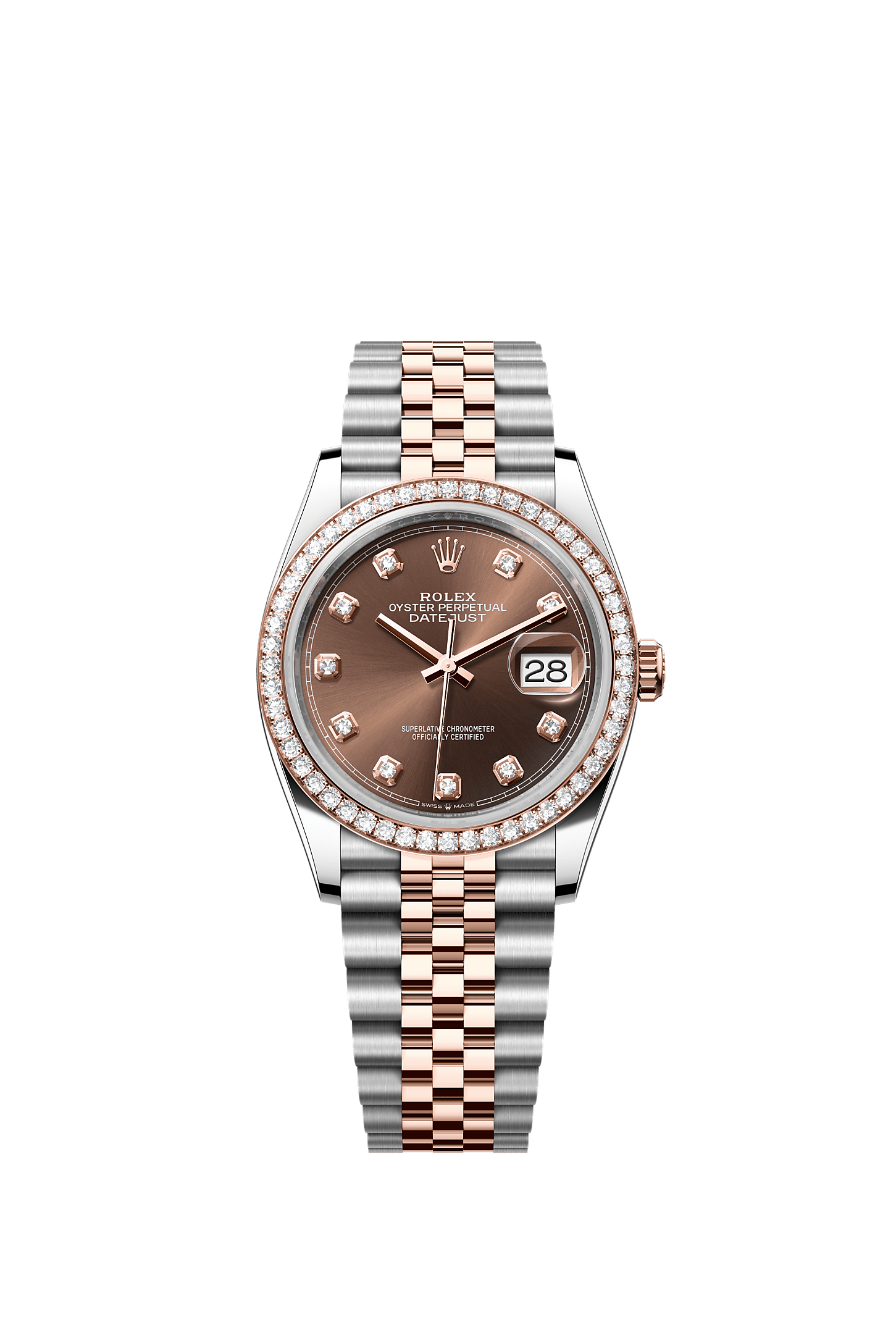 Datejust 36, Oyster, 36 mm, Oystersteel, Everose gold and diamonds, Dial : Chocolate set with diamonds, Rolex