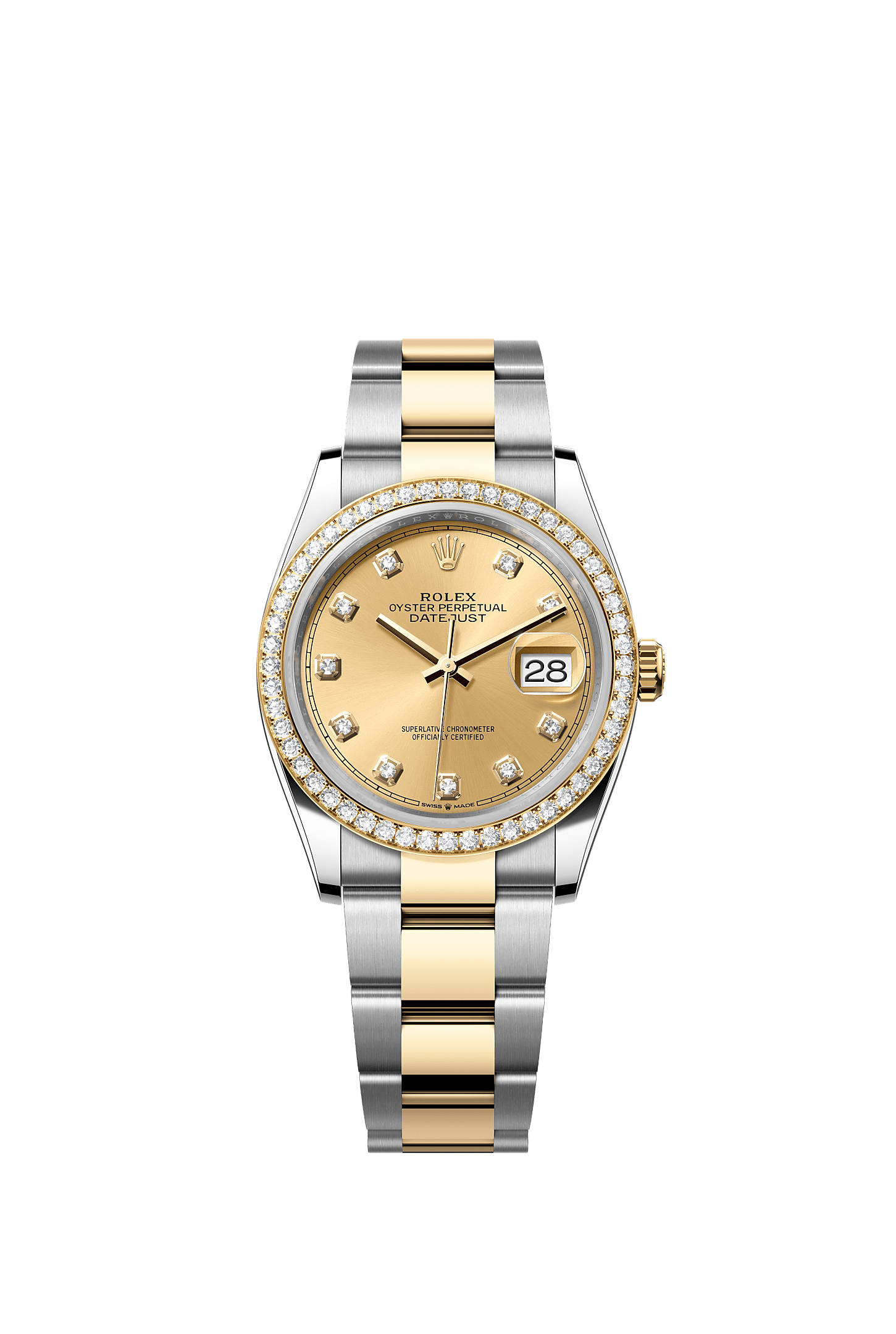 Datejust 36, Oyster, 36 mm, Oystersteel, yellow gold and diamonds, Dial : Champagne-colour set with diamonds, Rolex