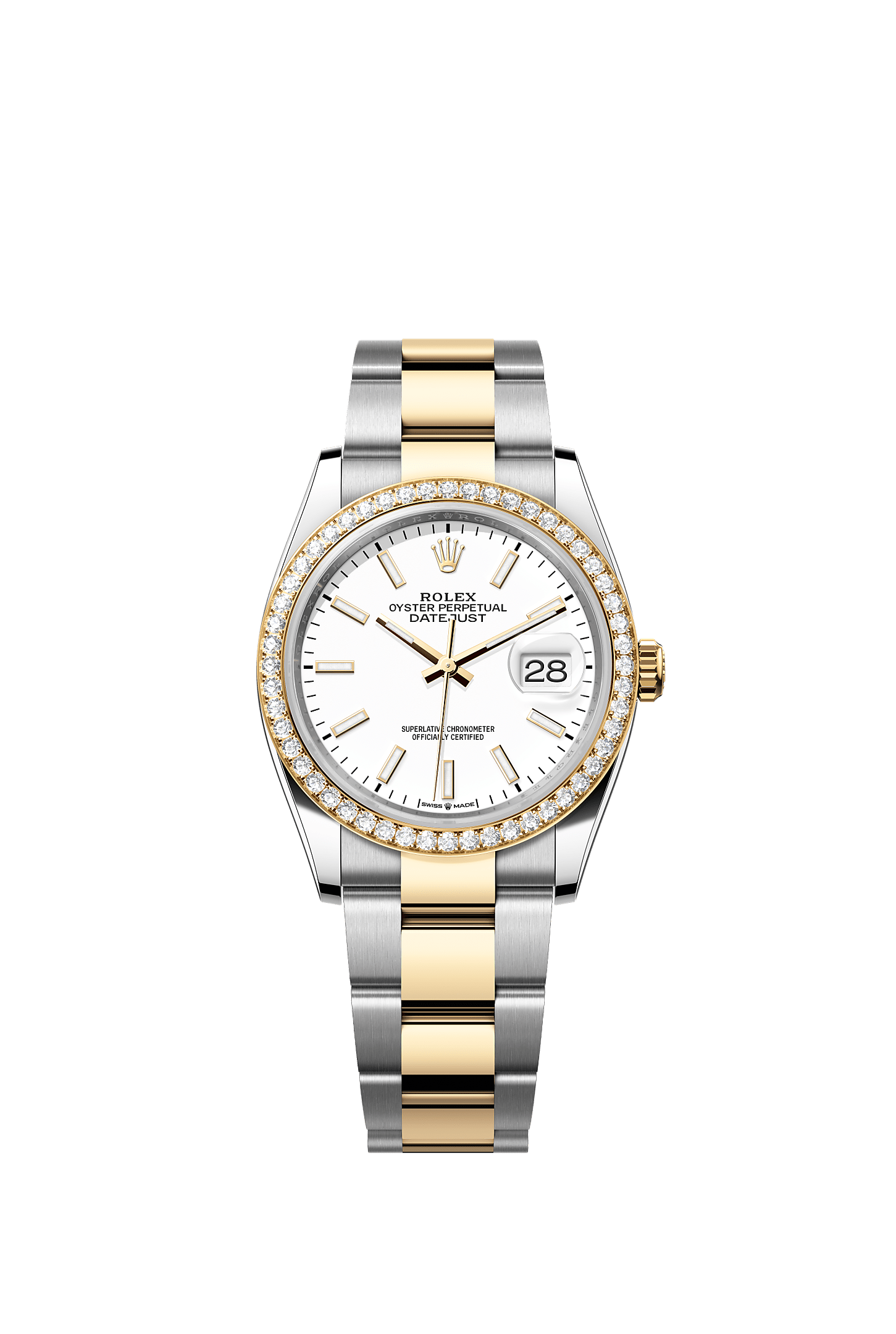 日志型 36, 蚝式，36毫米，钻石、黄金及蚝式钢, 表盘 : 白色, Rolex