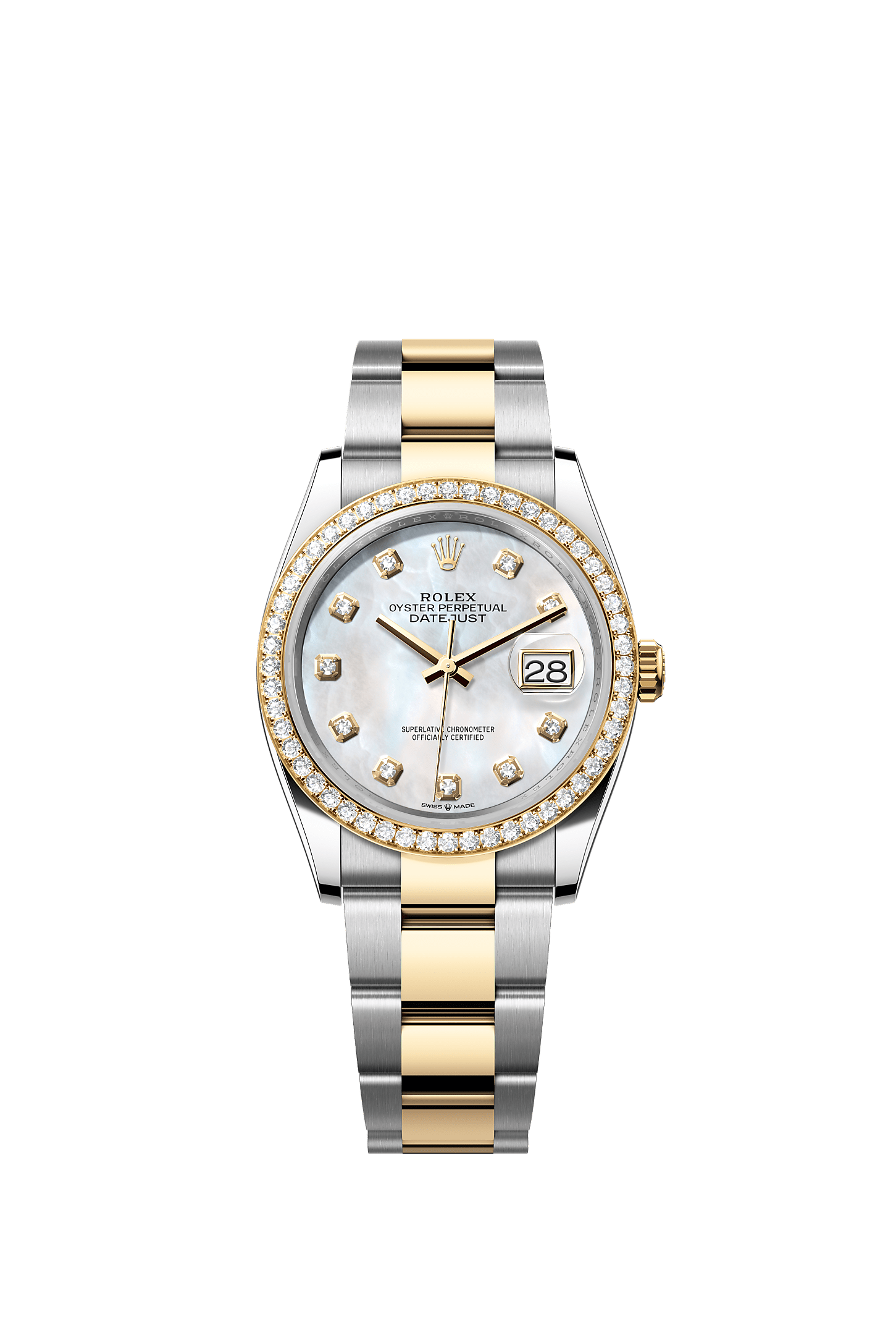 Datejust 36, Oyster, 36 mm, Oystersteel, yellow gold and diamonds, Dial : White mother-of-pearl set with diamonds, Rolex