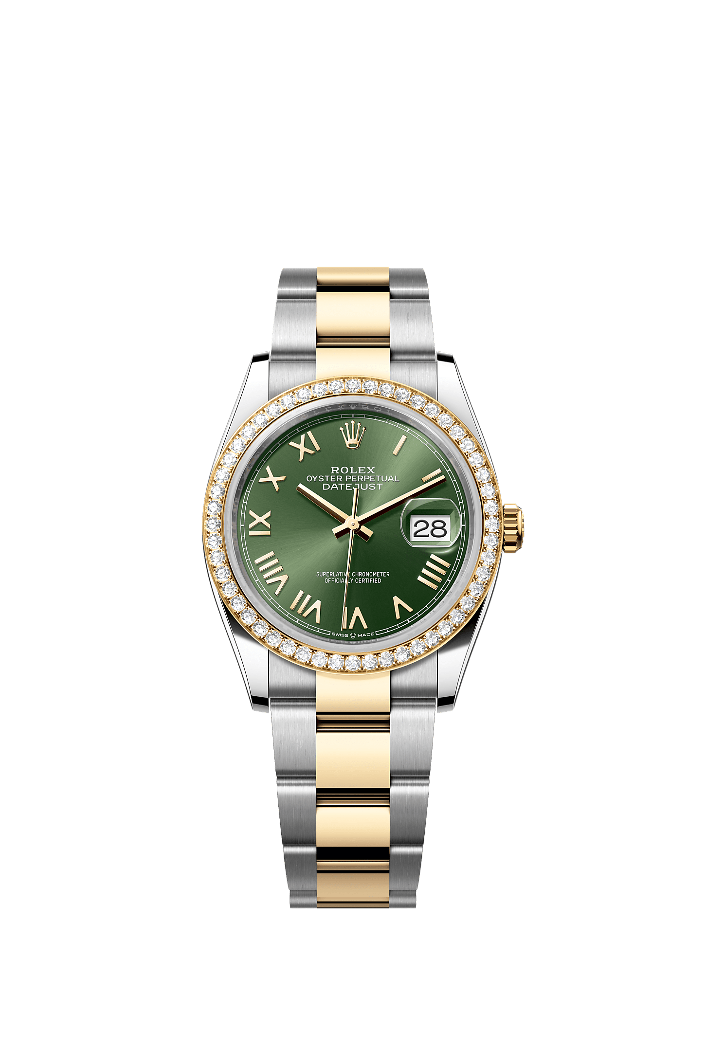 日志型 36, 蚝式，36毫米，钻石、黄金及蚝式钢, 表盘 : 橄榄绿色, Rolex