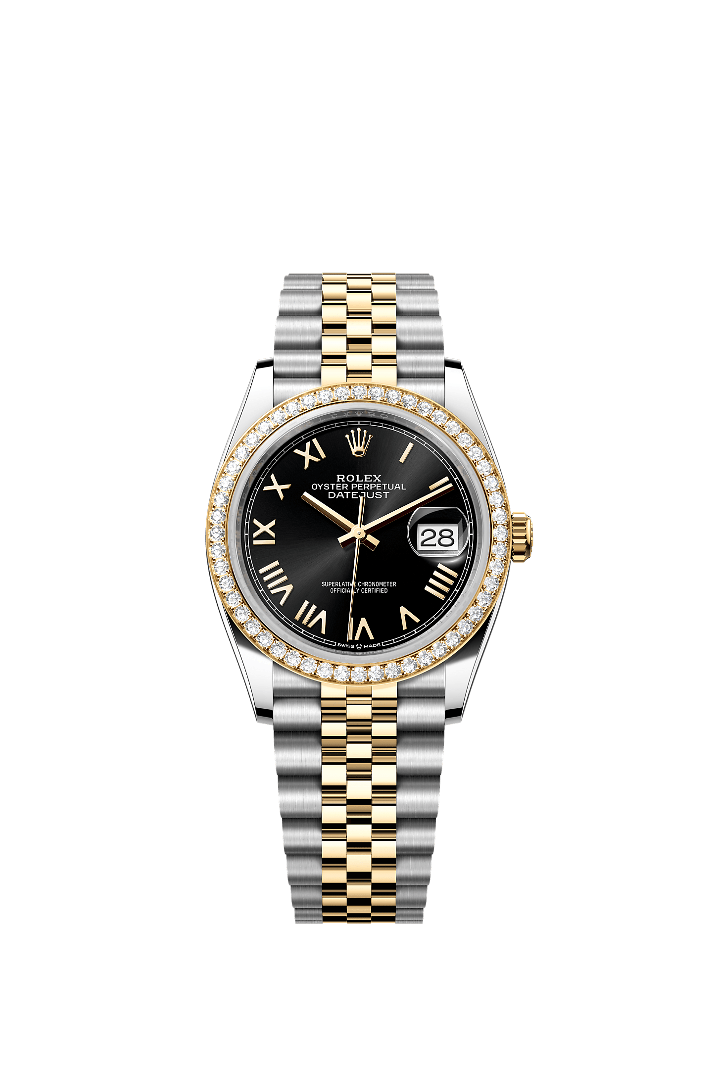 日志型 36, 蚝式，36毫米，钻石、黄金及蚝式钢, 表盘 : 亮黑色, Rolex