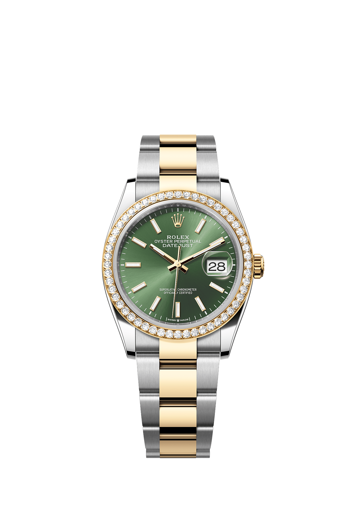 Datejust 36, Oyster, 36 mm, Oystersteel, yellow gold and diamonds, Dial : Olive green, Rolex