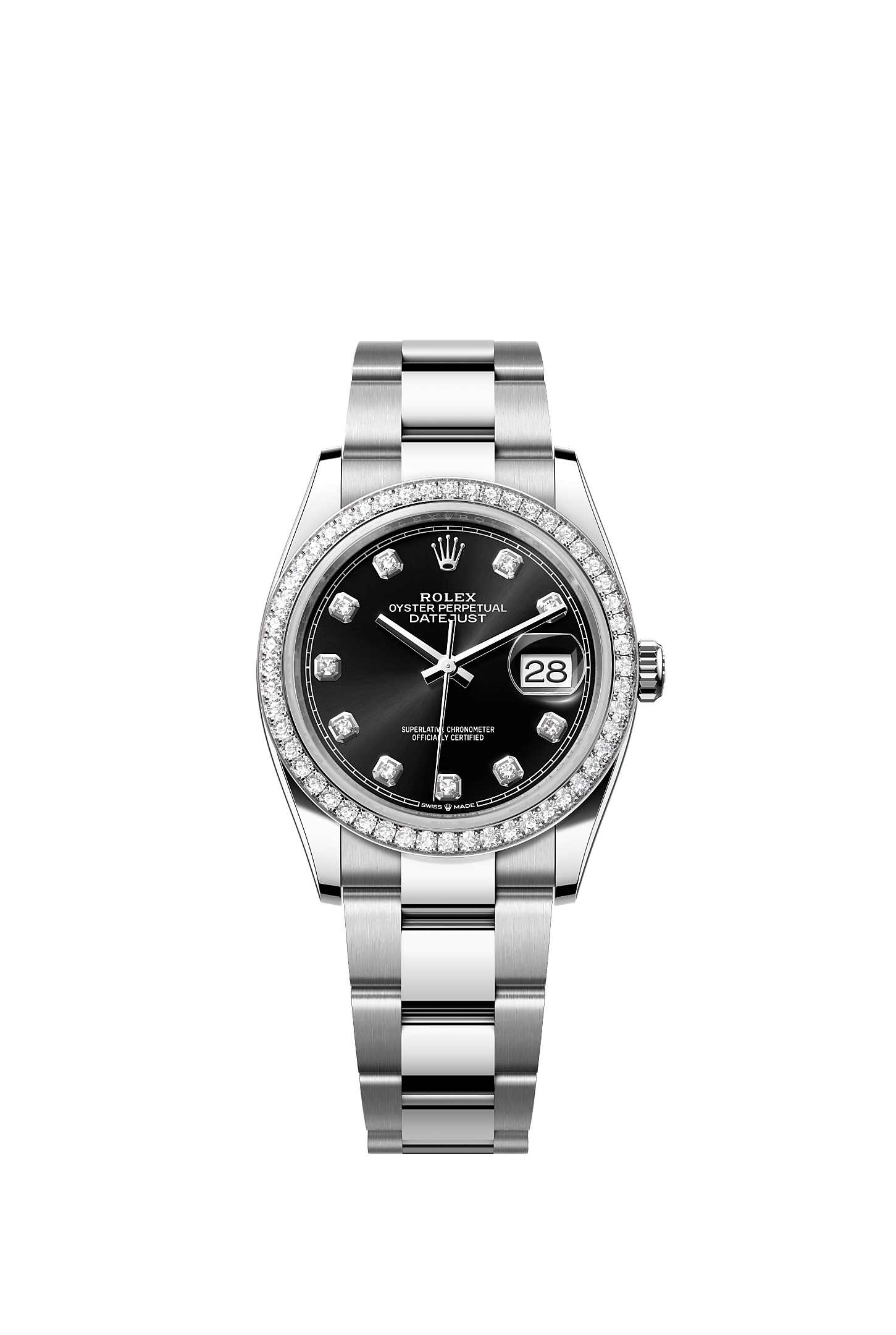 Datejust 36, Oyster, 36 mm, Oystersteel, white gold and diamonds, Dial : Bright black set with diamonds, Rolex