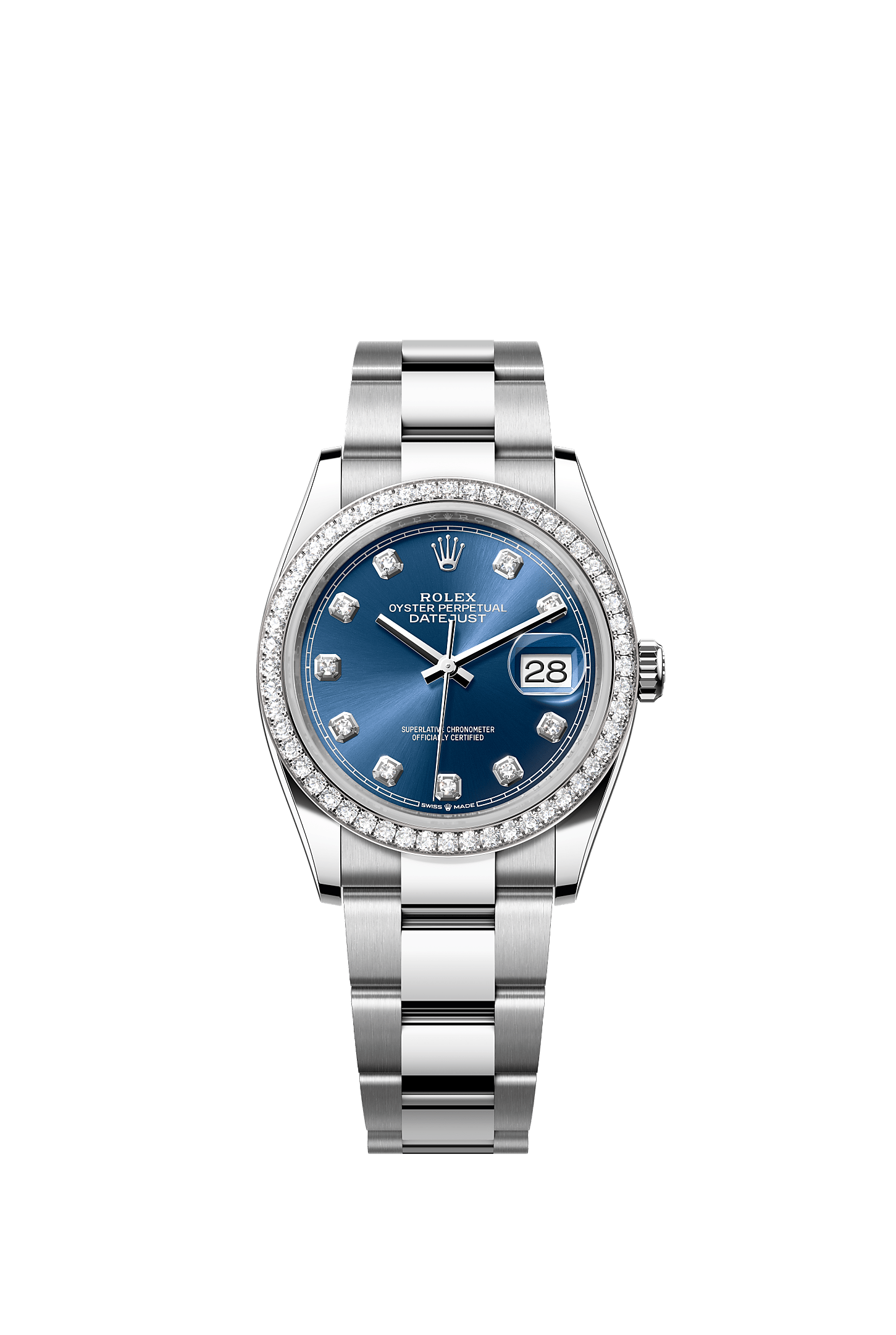 Datejust 36, Oyster, 36 mm, Oystersteel, white gold and diamonds, Dial : Bright blue set with diamonds, Rolex