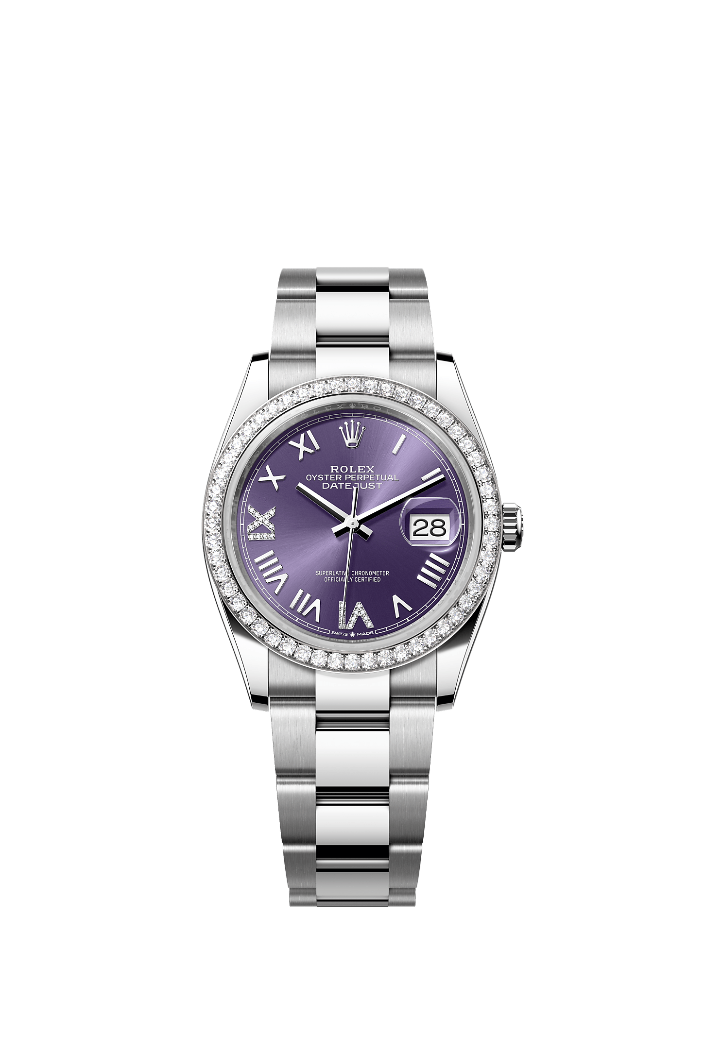 Datejust 36, Oyster, 36 mm, Oystersteel, white gold and diamonds, Dial : Aubergine set with diamonds, Rolex