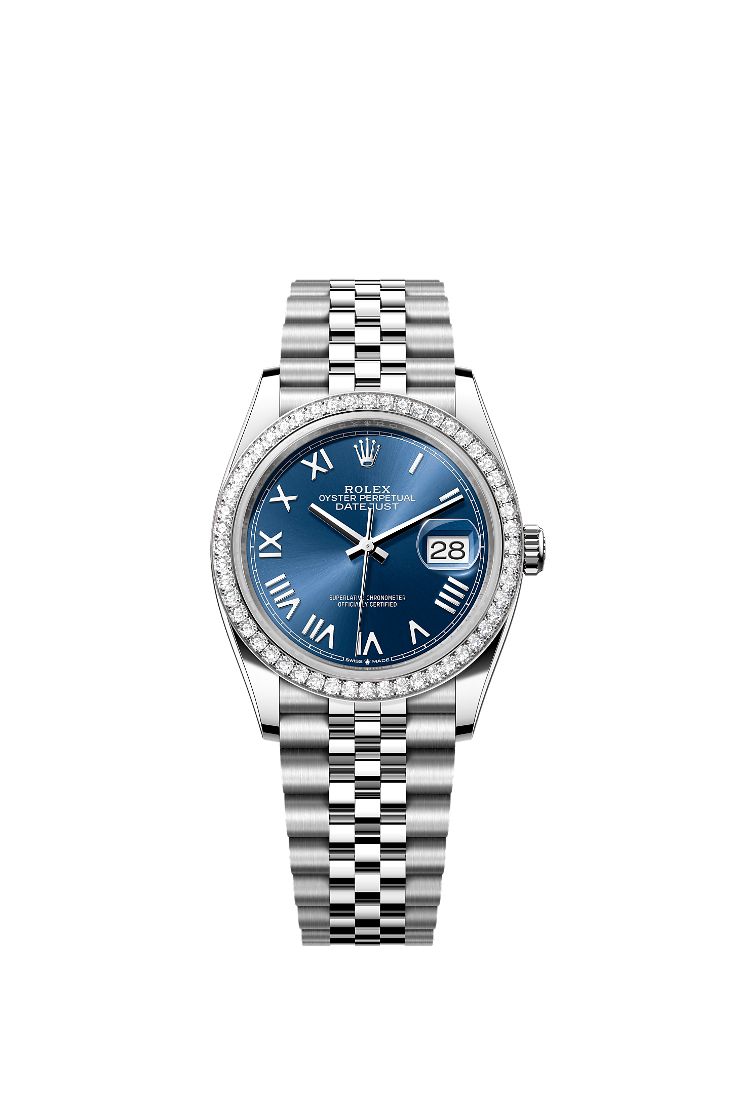 Datejust 36, Oyster, 36 mm, Oystersteel, white gold and diamonds, Dial : Bright blue, Rolex