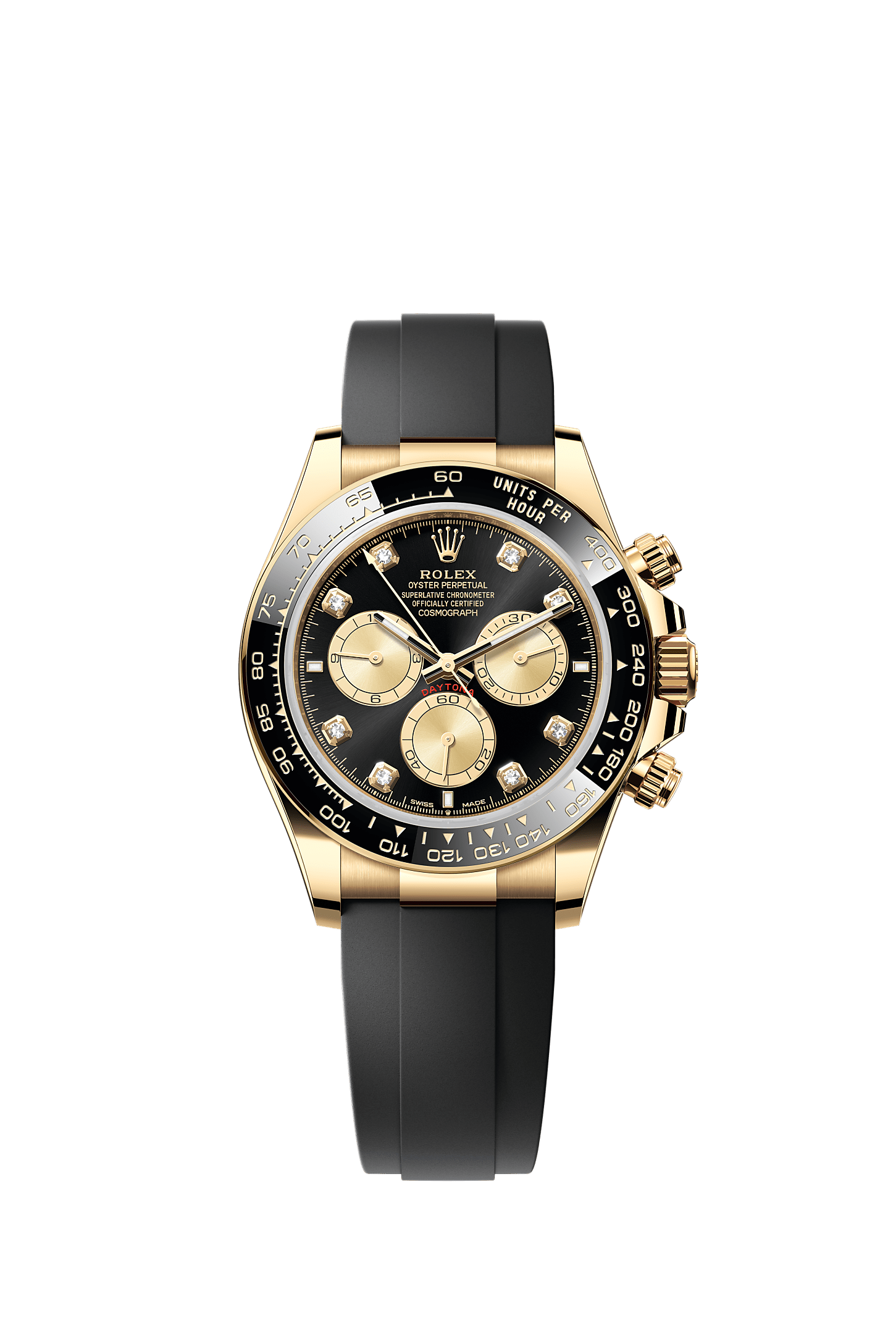 宇宙计型迪通拿, 蚝式，40毫米，黄金, 表盘 : 亮黑色及金色，镶钻石, Rolex