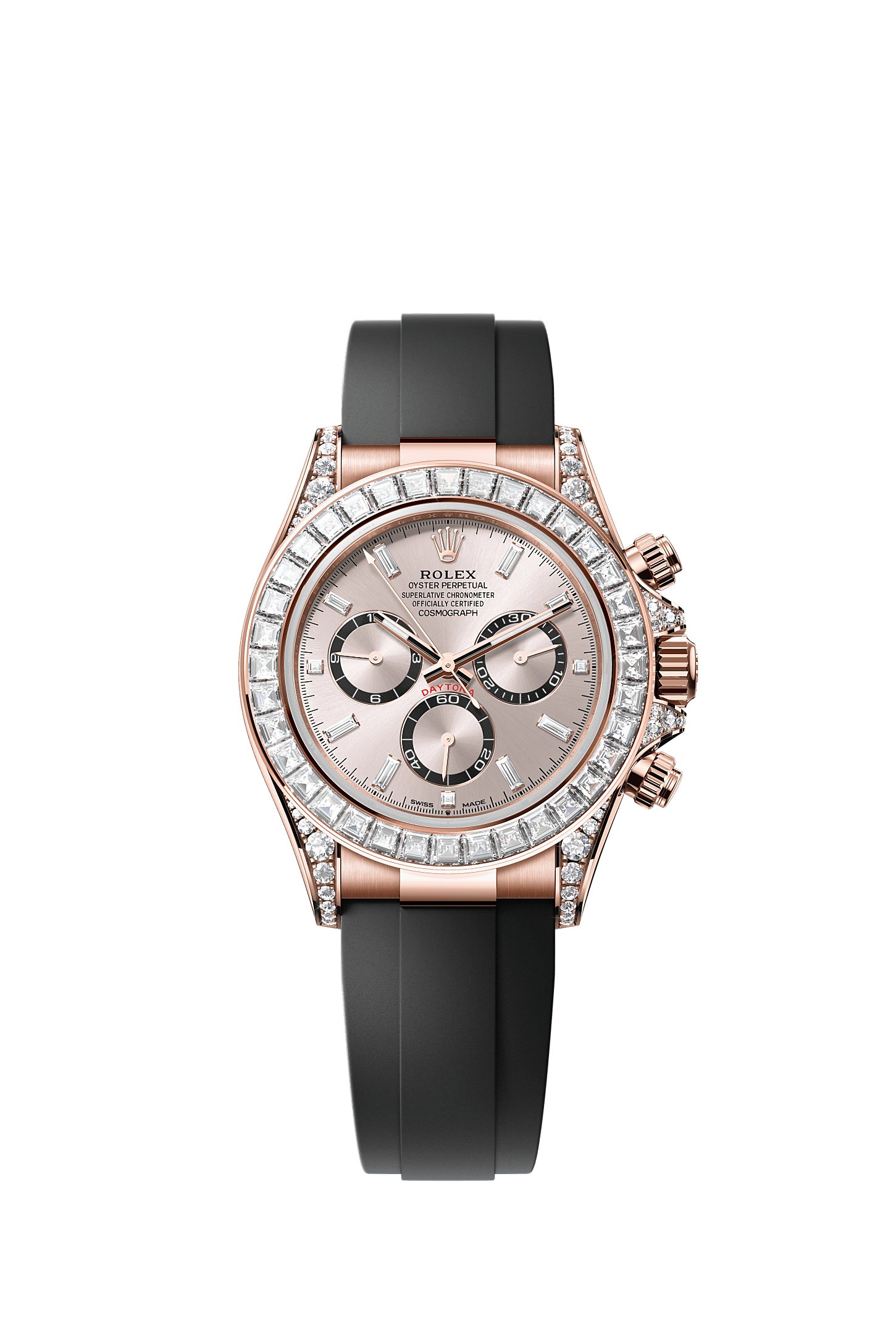 Cosmograph Daytona, Oyster, 40 mm, Everose gold and diamonds, Dial : Sundust, bright black counter rings set with diamonds, Rolex