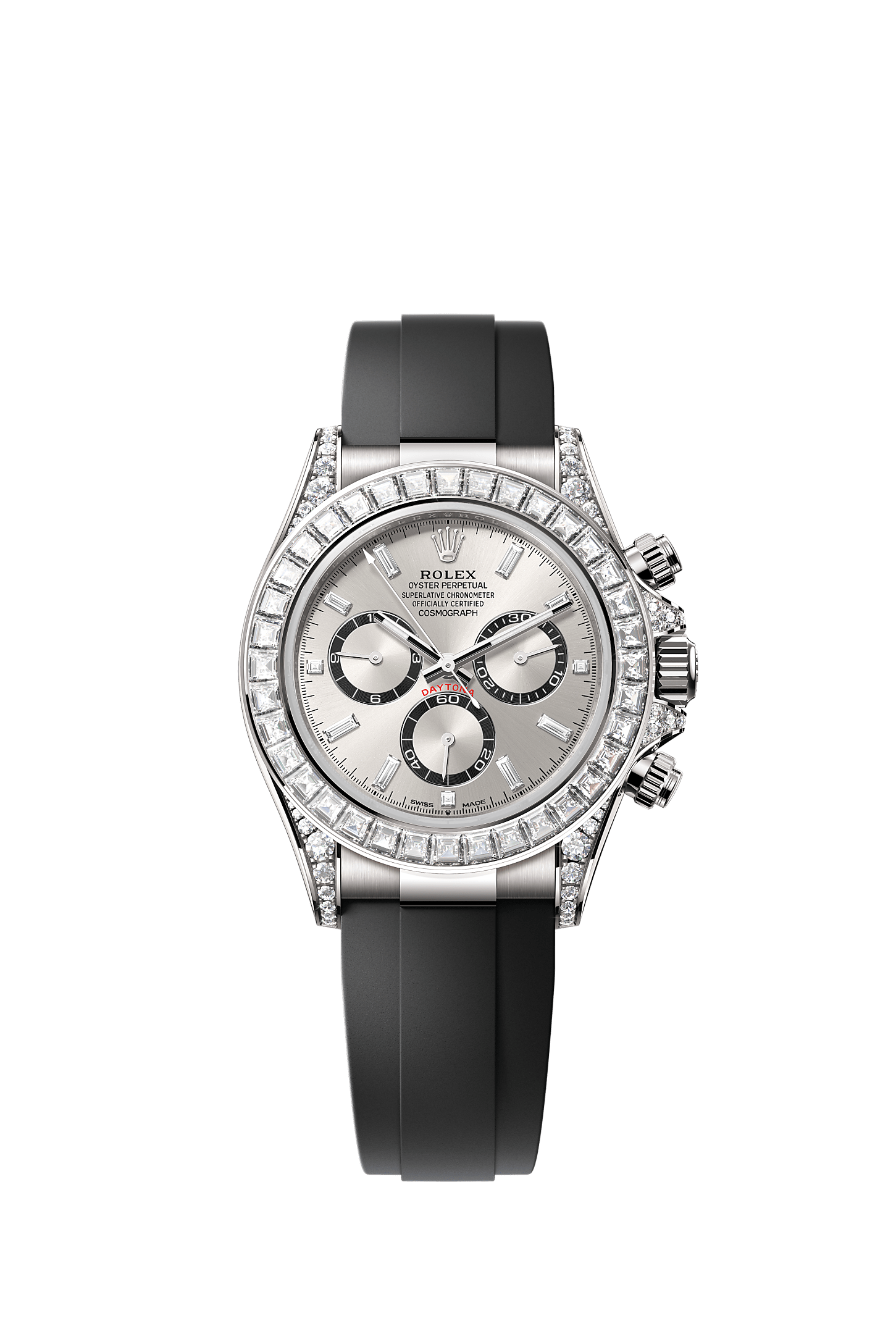 Cosmograph Daytona, Oyster, 40 mm, white gold and diamonds, Dial : Steel, bright black counter rings set with diamonds, Rolex