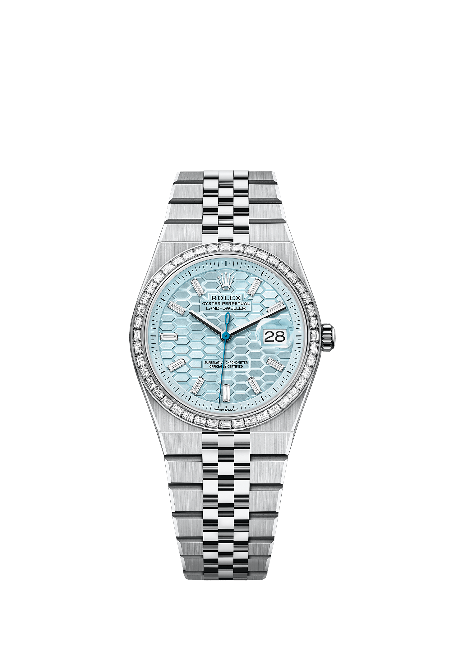 Land-Dweller 36, Oyster, 36 mm, platinum and diamonds, Dial : Ice blue, honeycomb motif set with diamonds, Rolex