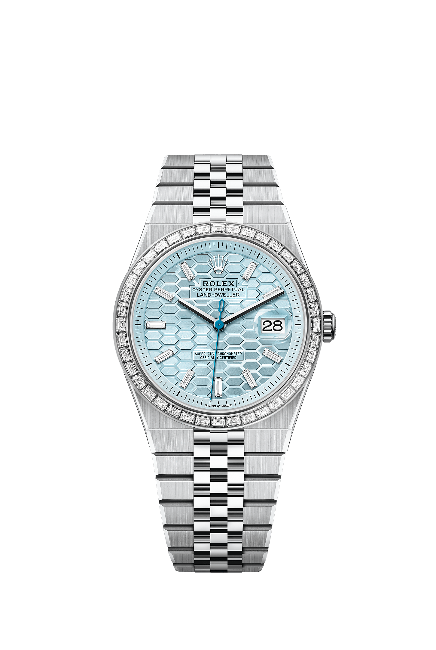 Land-Dweller 40, Oyster, 40 mm, platinum and diamonds, Dial : Ice blue, honeycomb motif set with diamonds, Rolex