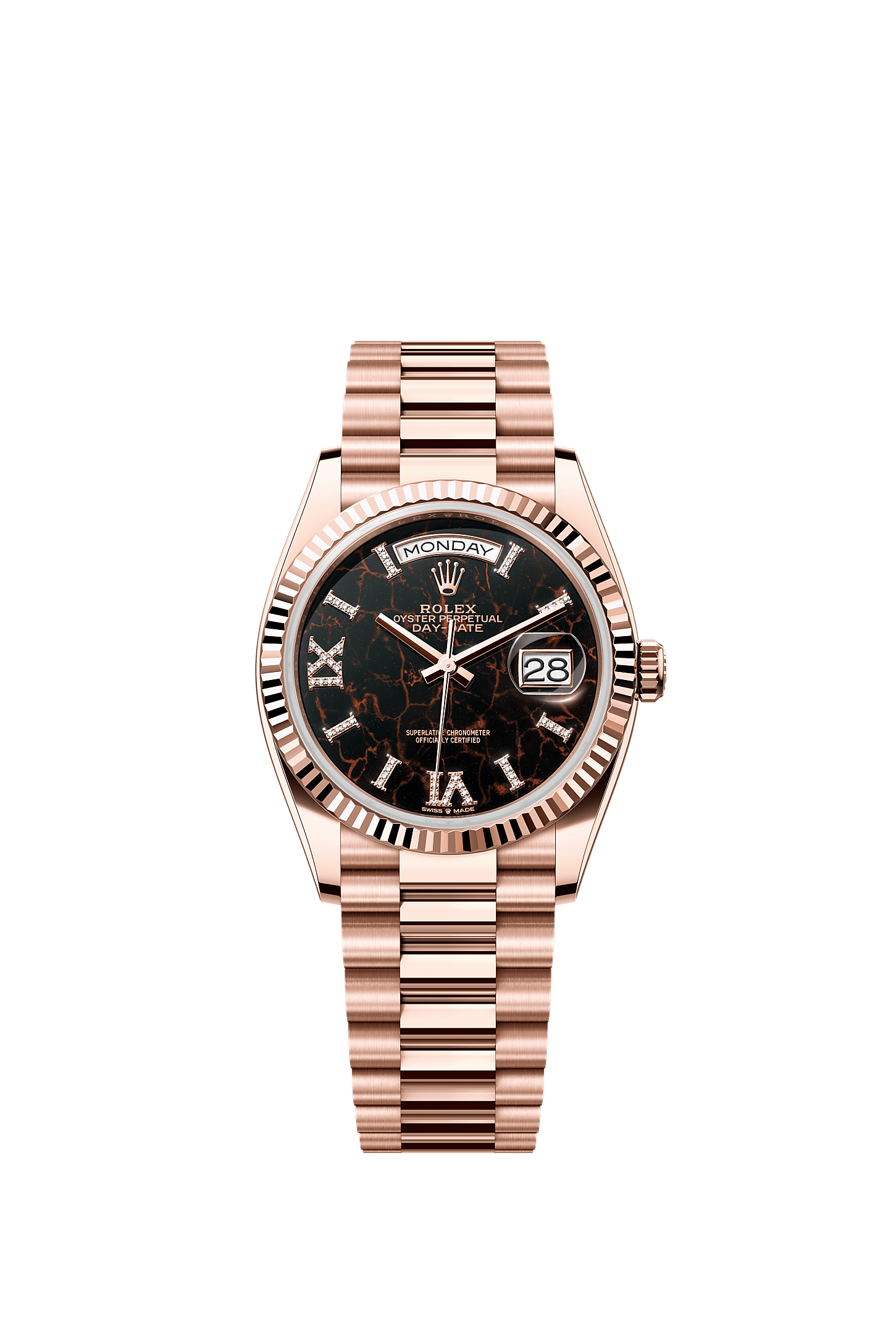 星期日历型 36, 蚝式，36毫米，永恒玫瑰金, 表盘 : 赤铁石英，镶钻石, Rolex