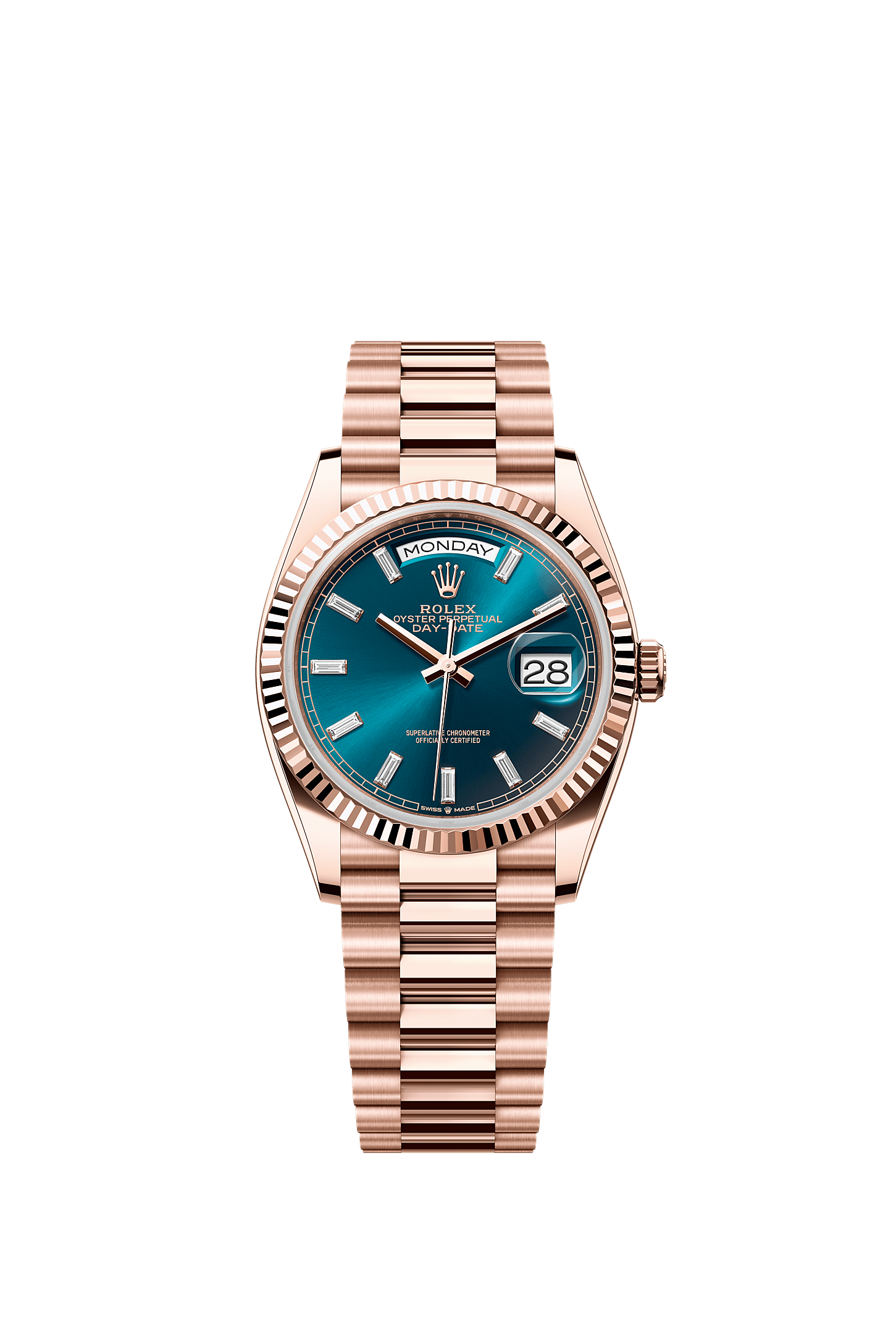 Day-Date 36, Oyster, 36 mm, Everose gold, Dial : Blue-green set with diamonds, Rolex