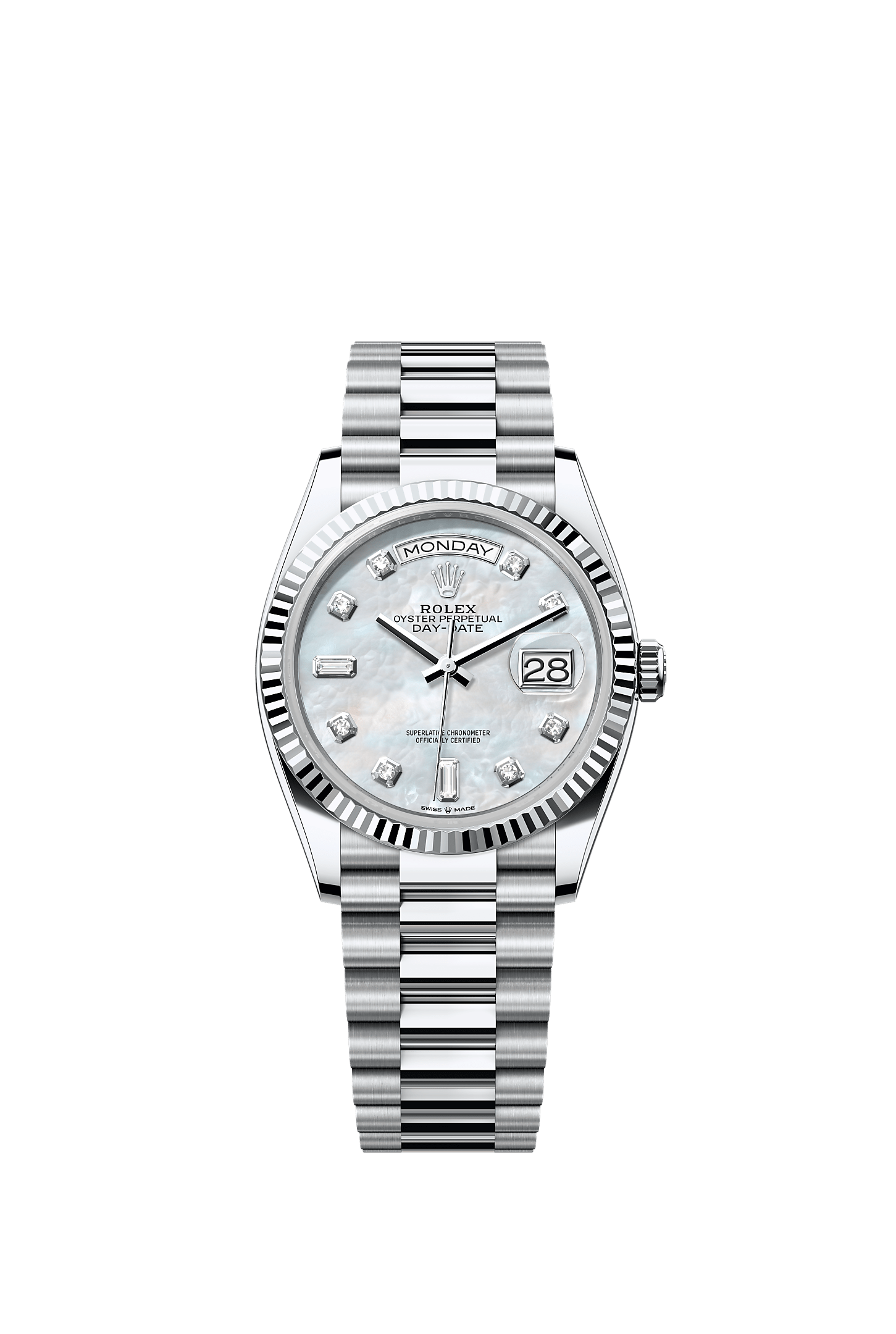 Day-Date 36, Oyster, 36 mm, platinum, Dial : White mother-of-pearl set with diamonds, Rolex