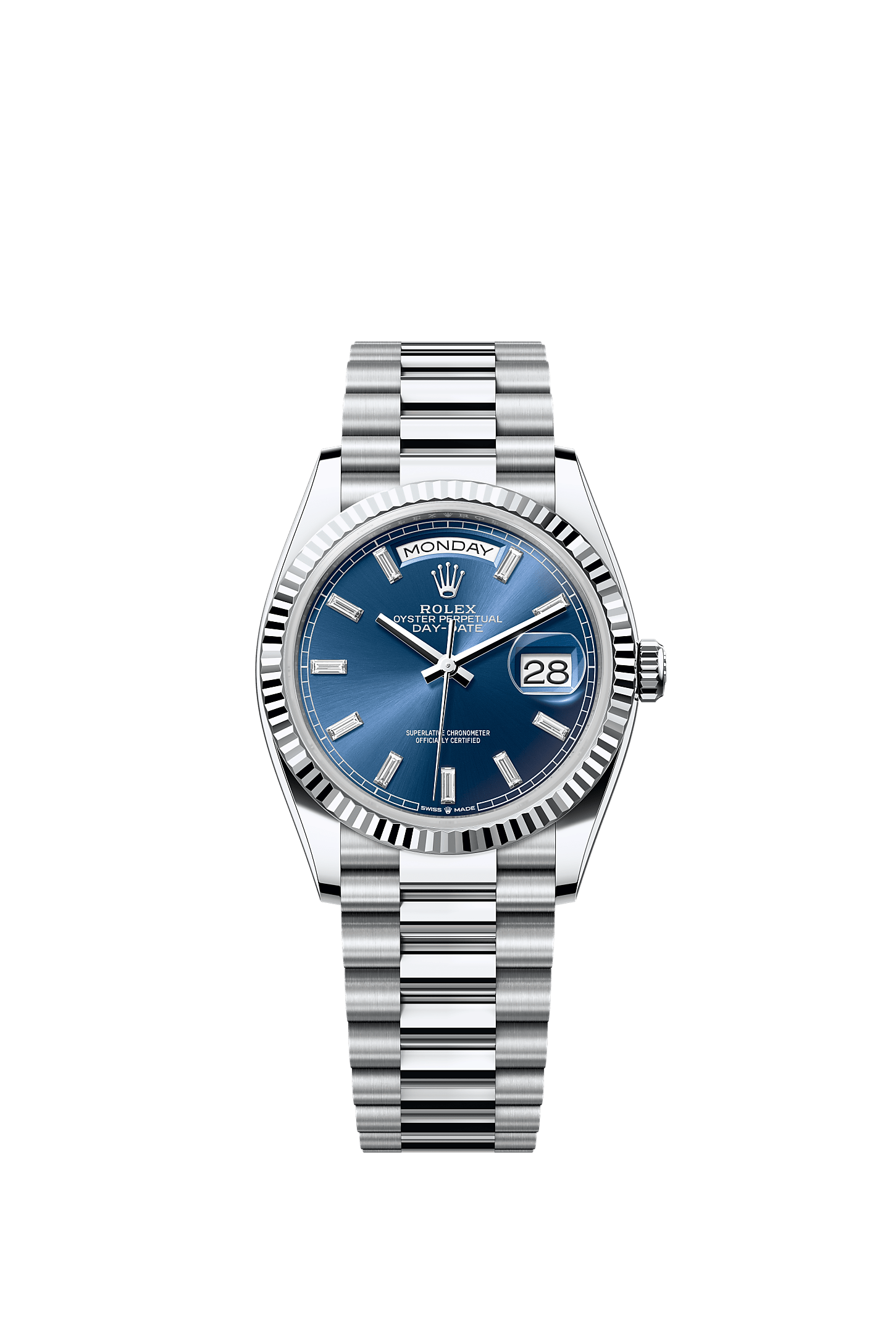 星期日历型 36, 蚝式，36毫米，铂金, 表盘 : 亮蓝色，镶钻石, Rolex