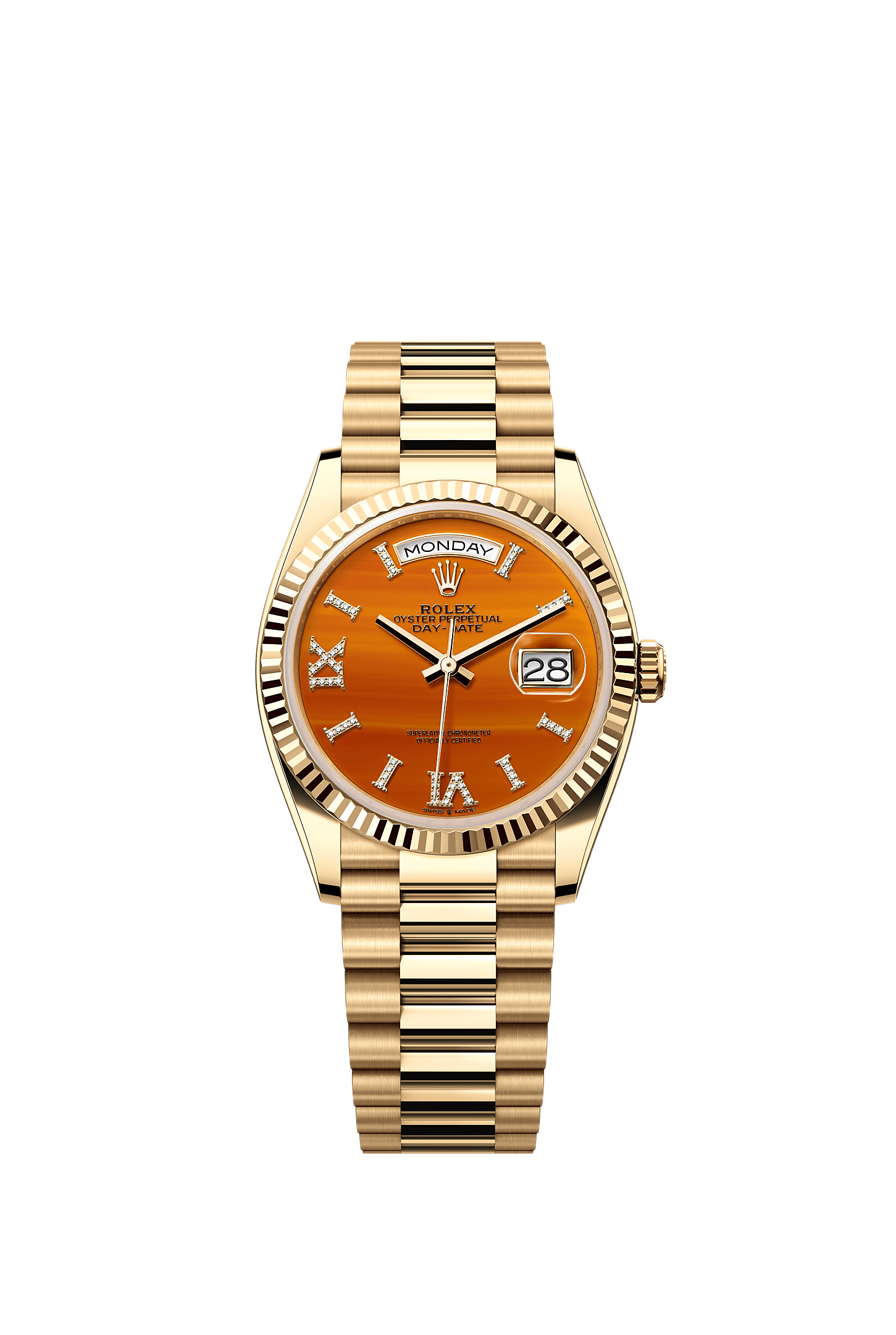 星期日历型 36, 蚝式，36毫米，黄金, 表盘 : 红玉髓，镶钻石, Rolex