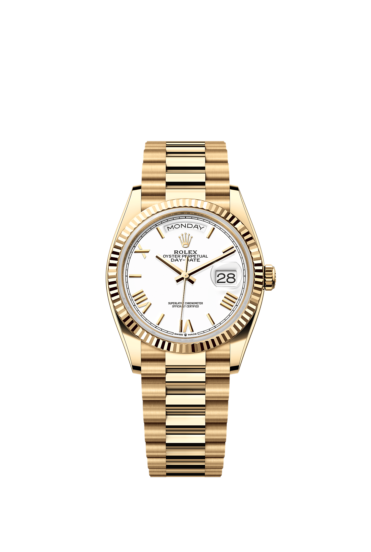 星期日历型 36, 蚝式，36毫米，黄金, 表盘 : 白色, Rolex