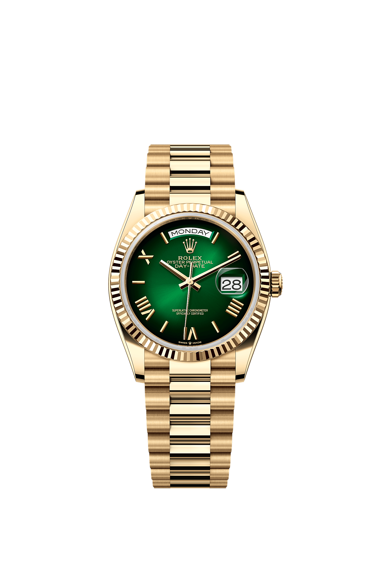 星期日历型 36, 蚝式，36毫米，黄金, 表盘 : 渐变绿色, Rolex