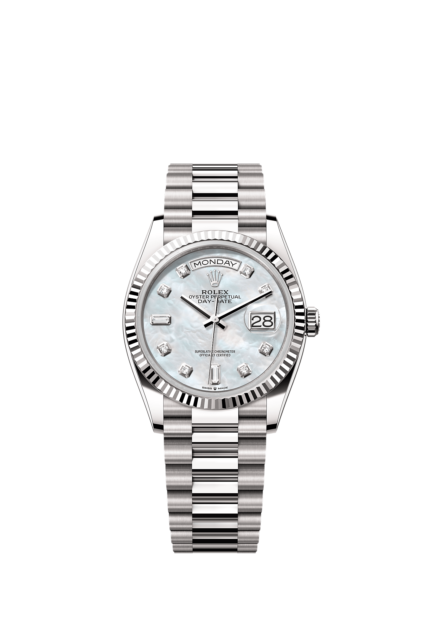 Day-Date 36, Oyster, 36 mm, white gold, Dial : White mother-of-pearl set with diamonds, Rolex