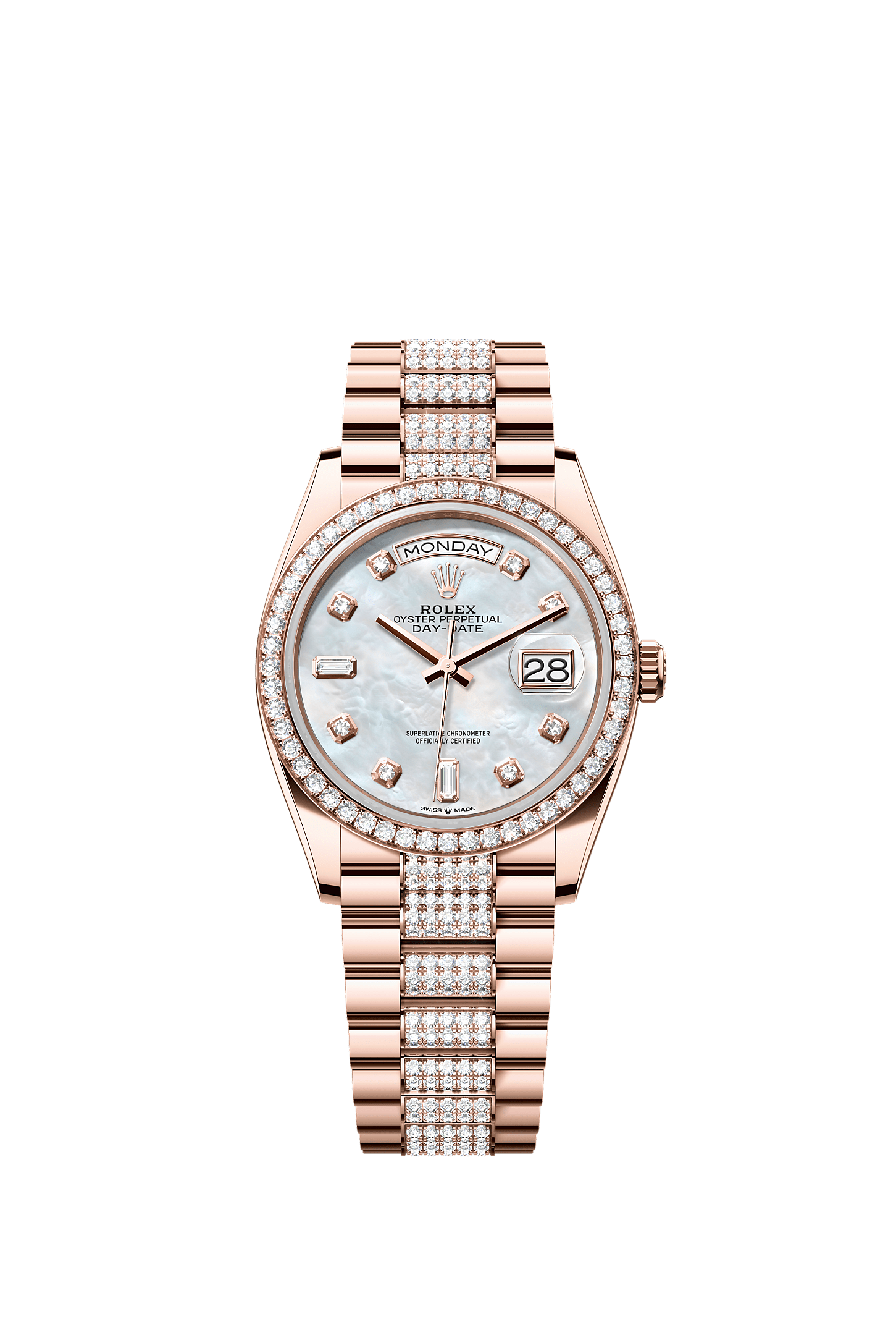 Day-Date 36, Oyster, 36 mm, Everose gold and diamonds, Dial : White mother-of-pearl set with diamonds, Rolex