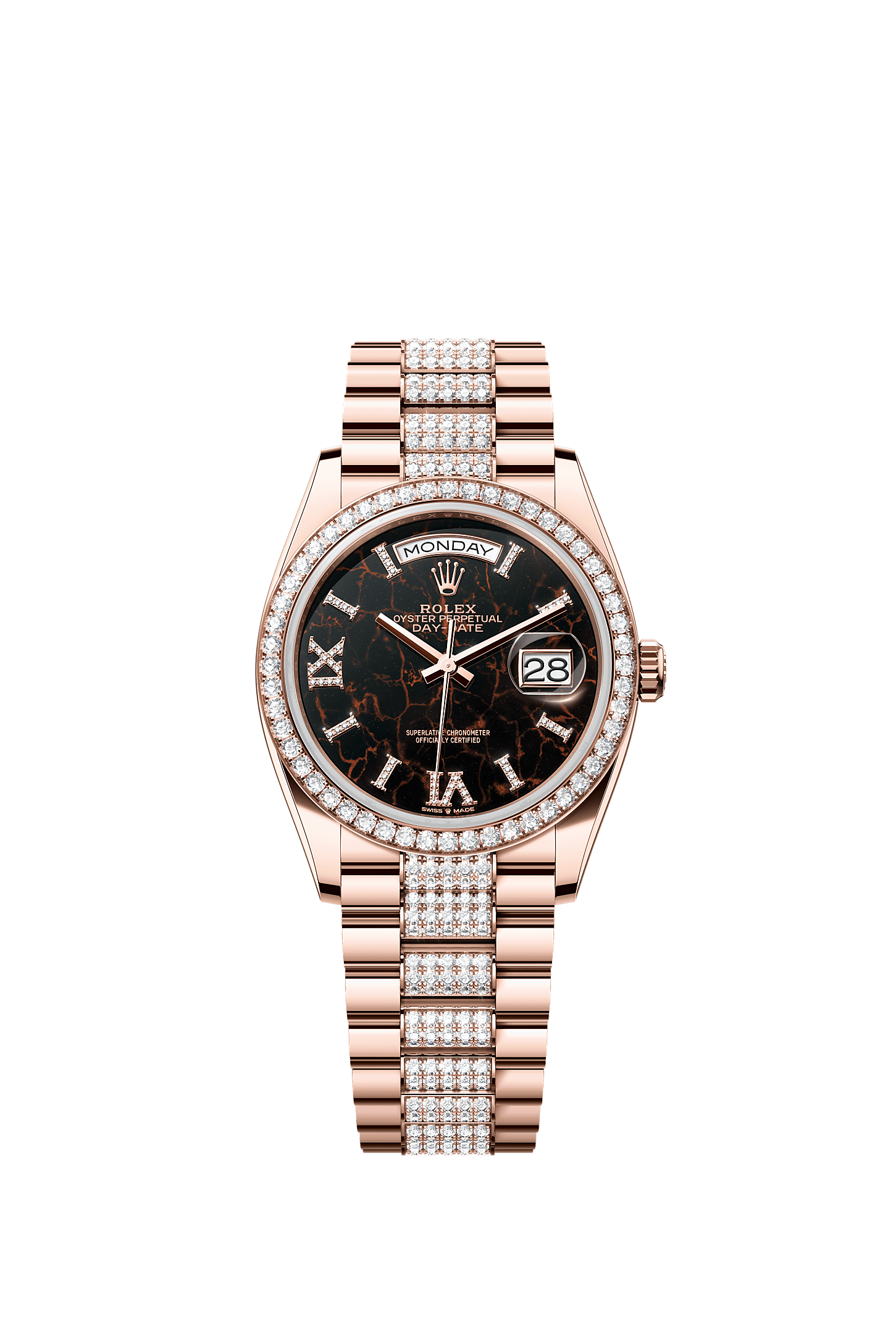 Day-Date 36, Oyster, 36 mm, Everose gold and diamonds, Dial : Eisenkiesel set with diamonds, Rolex