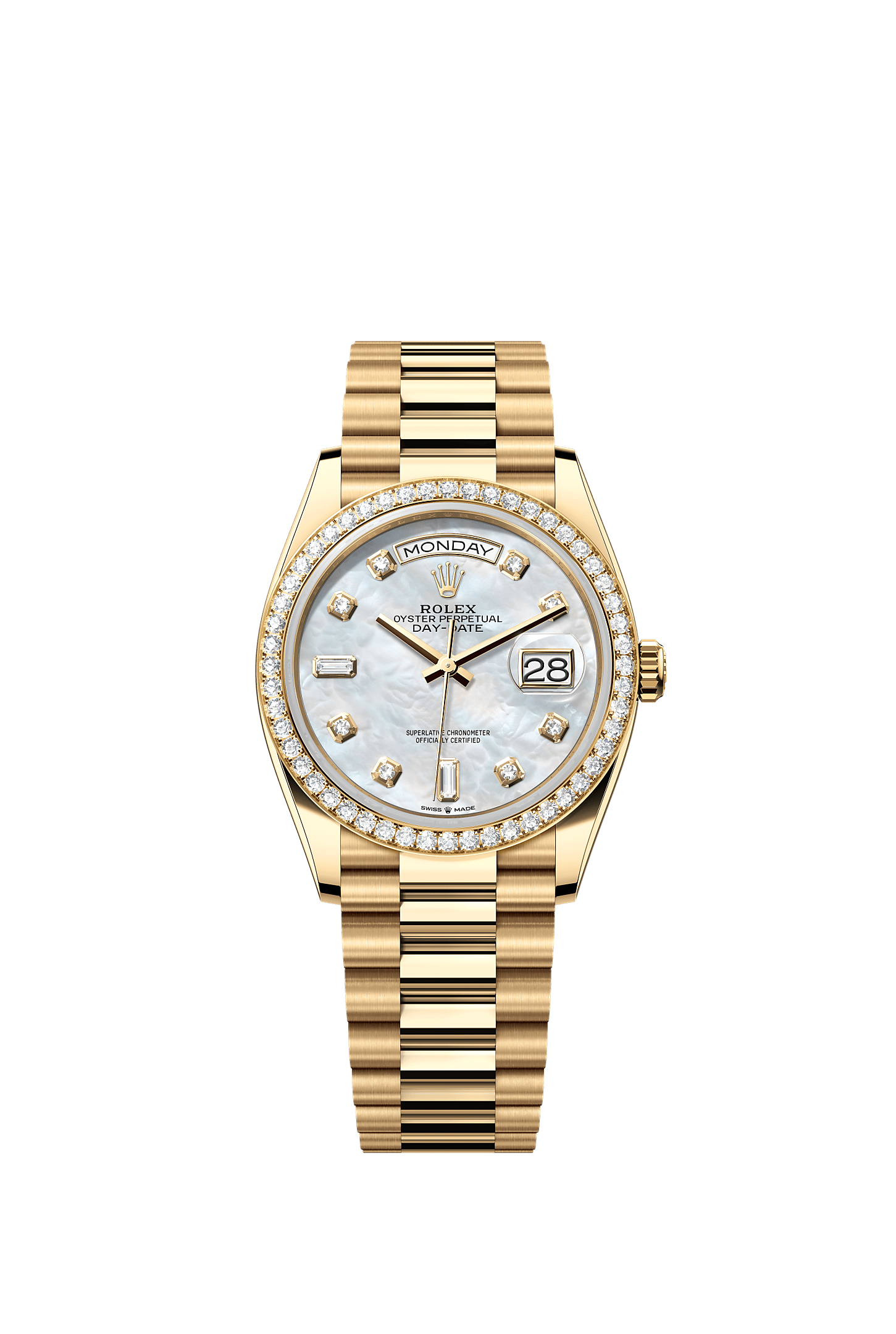 Day-Date 36, Oyster, 36 mm, yellow gold and diamonds, Dial : White mother-of-pearl set with diamonds, Rolex