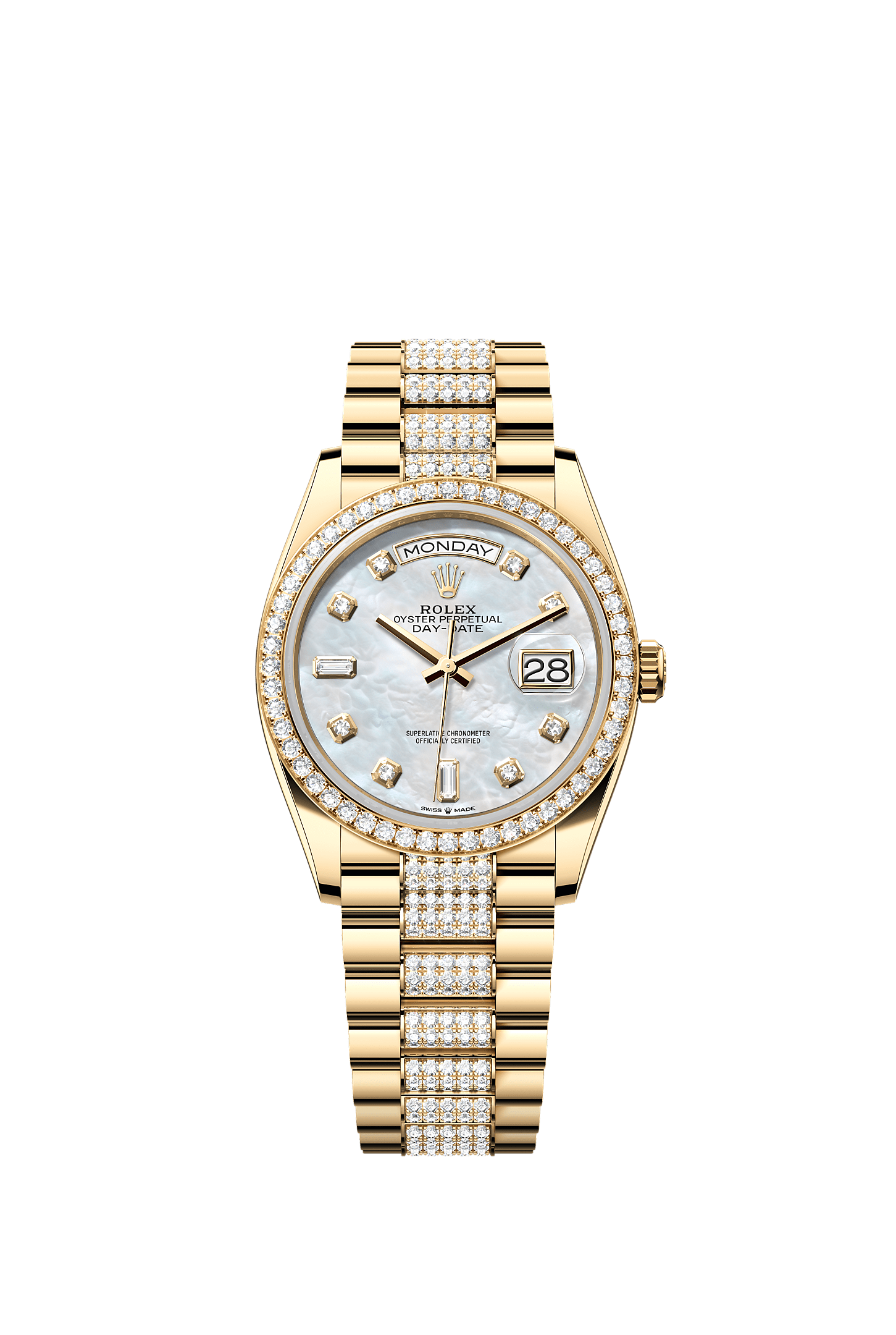 Day-Date 36, Oyster, 36 mm, yellow gold and diamonds, Dial : White mother-of-pearl set with diamonds, Rolex