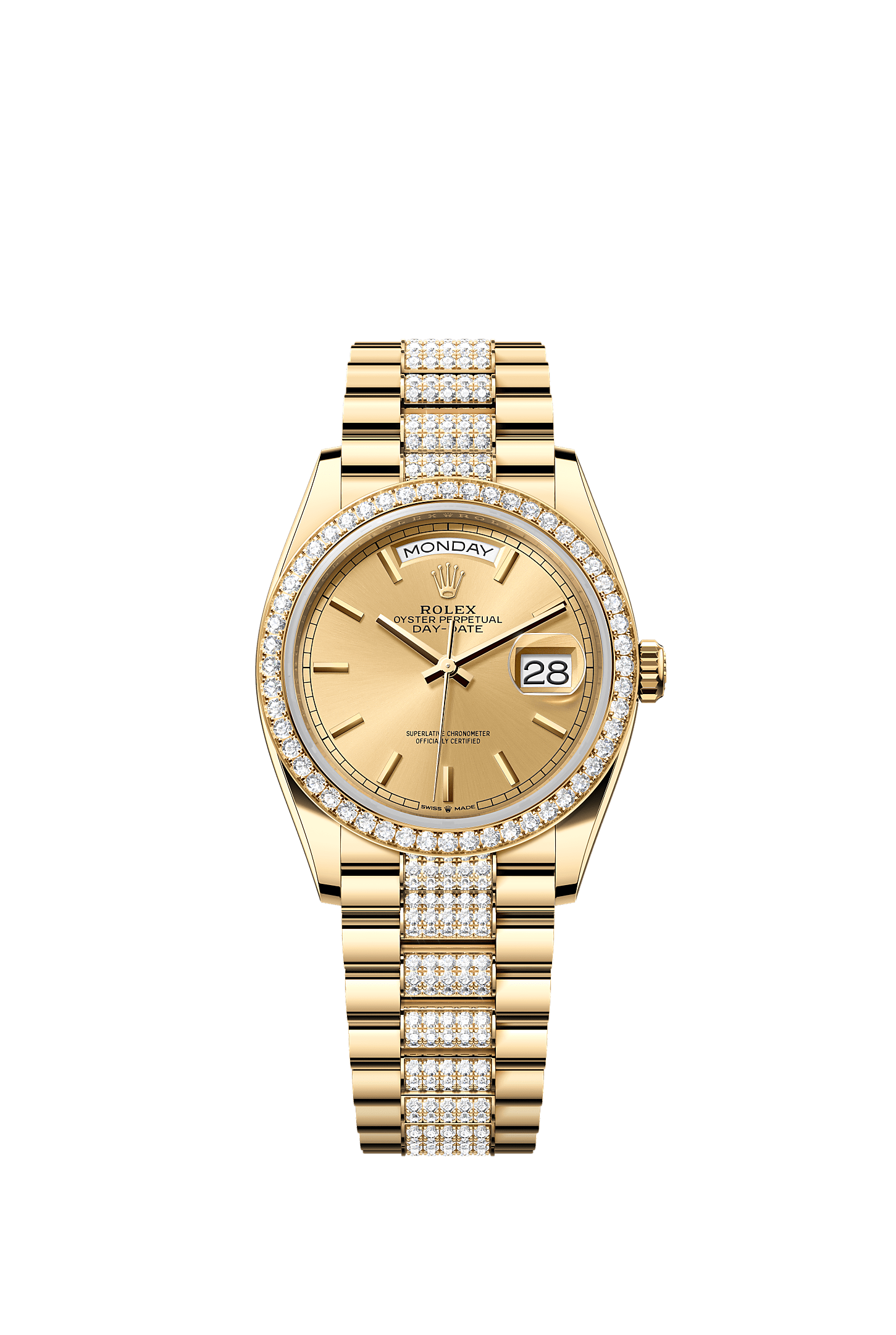 星期日历型 36, 蚝式，36毫米，钻石及黄金, 表盘 : 香槟色, Rolex