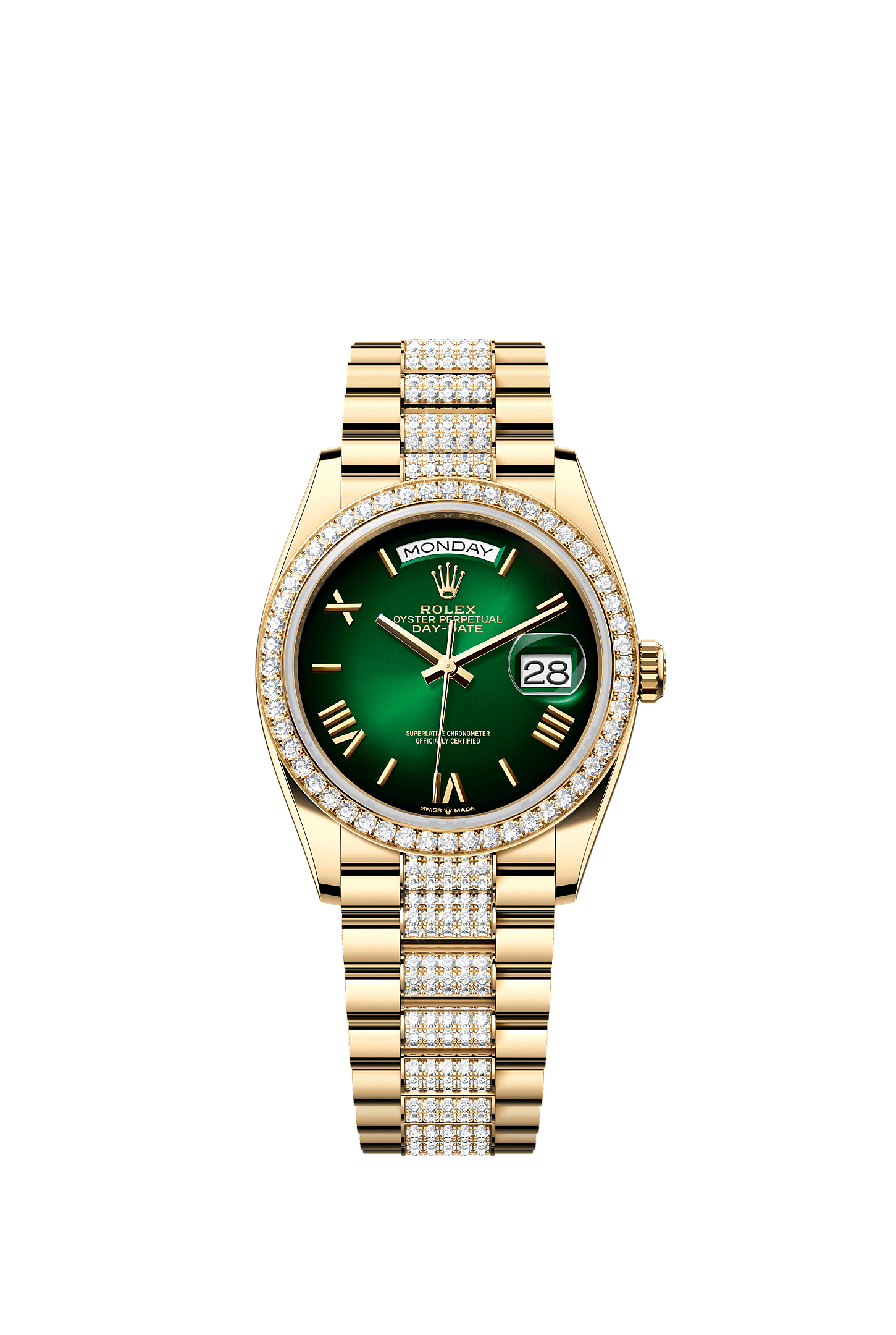 星期日历型 36, 蚝式，36毫米，钻石及黄金, 表盘 : 渐变绿色, Rolex