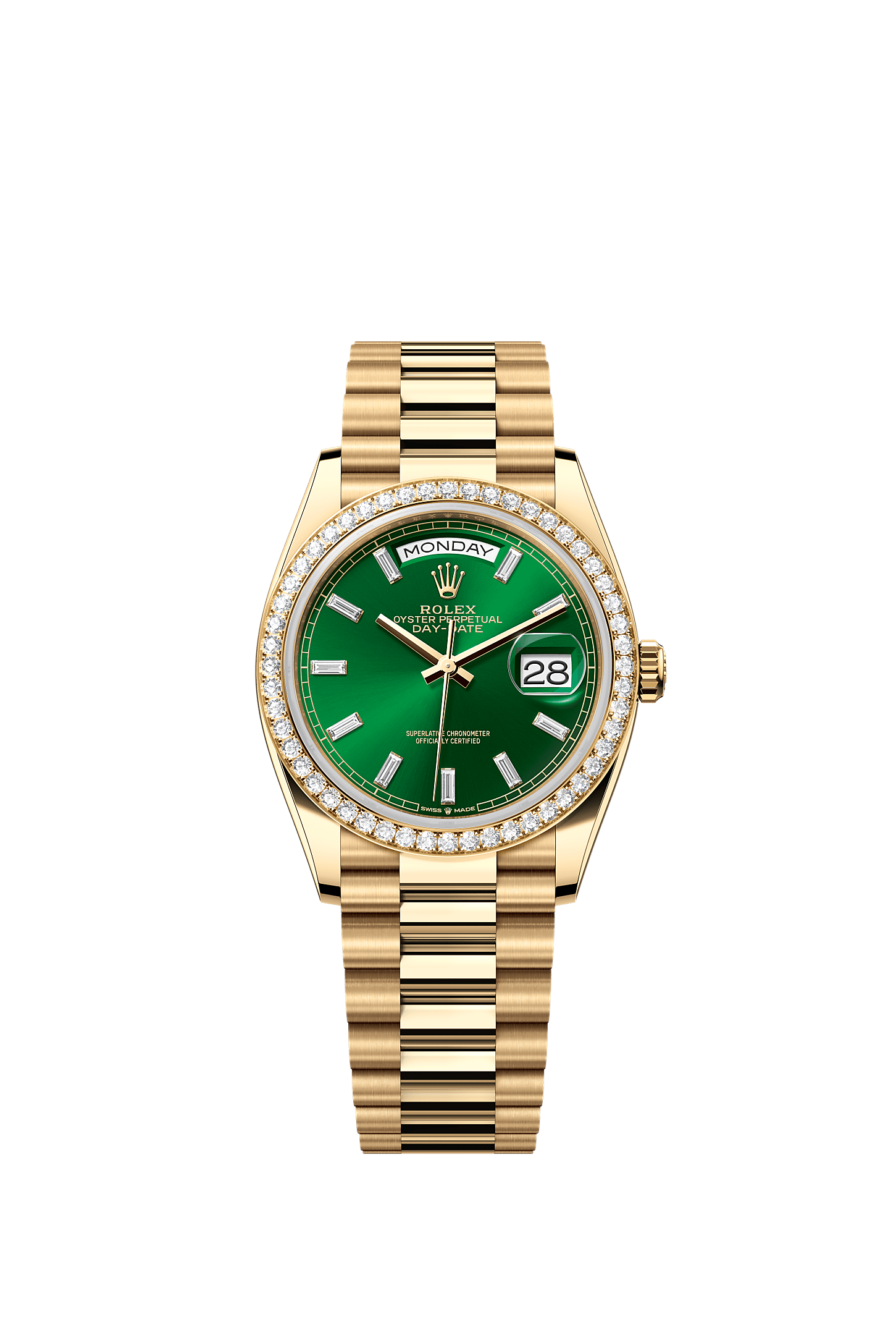 星期日历型 36, 蚝式，36毫米，钻石及黄金, 表盘 : 亮绿色，镶钻石, Rolex