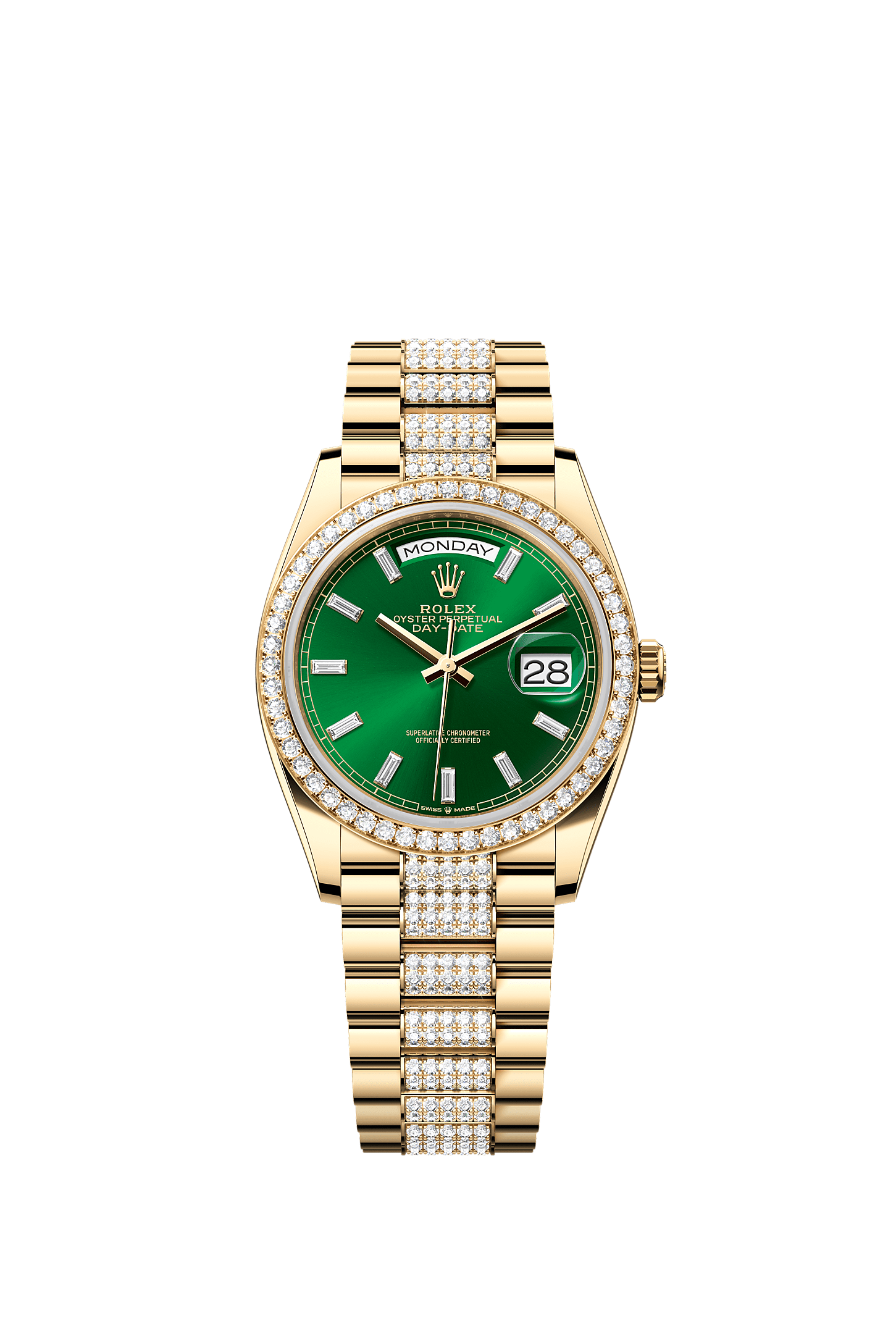 Day-Date 36, Oyster, 36 mm, yellow gold and diamonds, Dial : Bright green set with diamonds, Rolex