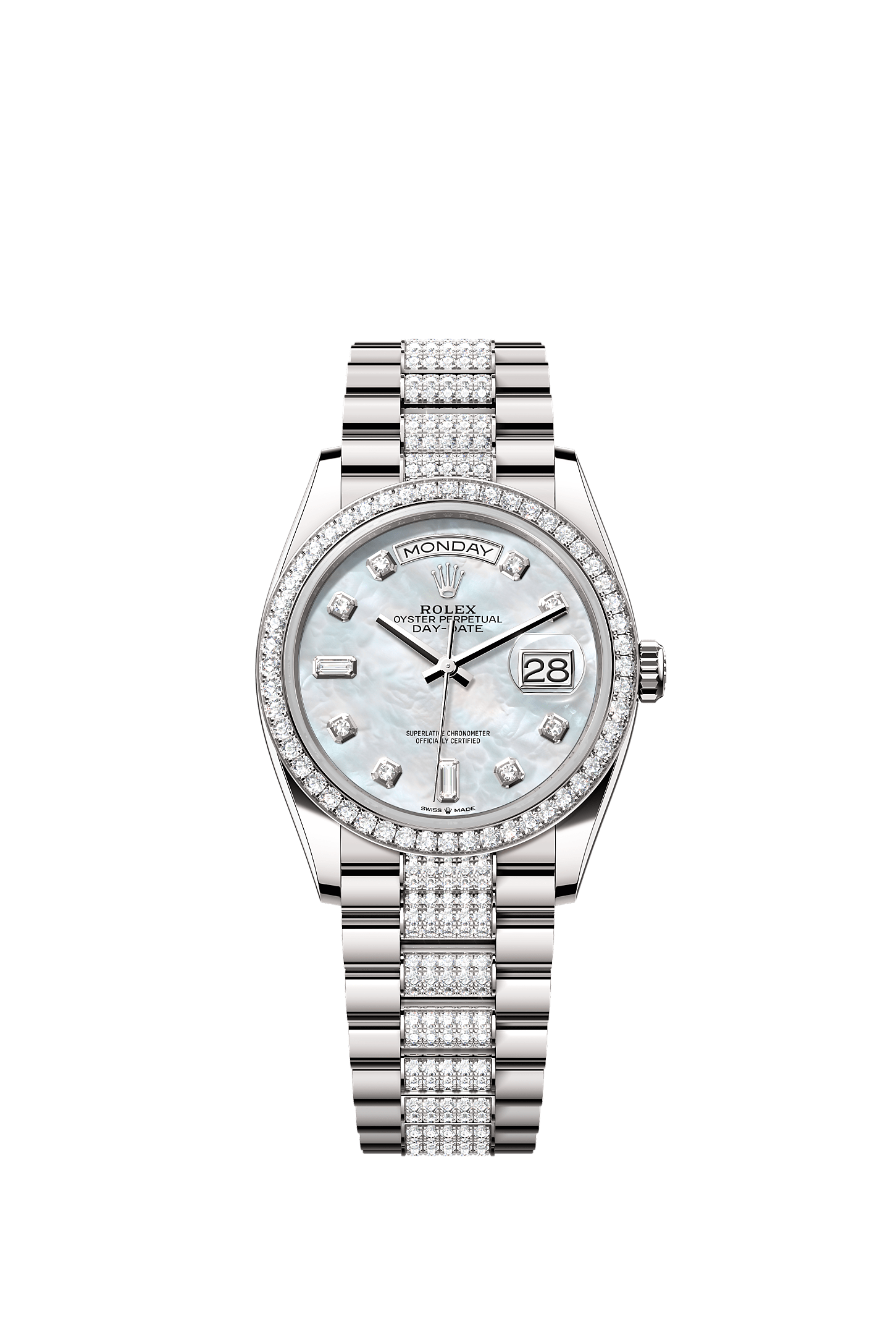 Day-Date 36, Oyster, 36 mm, white gold and diamonds, Dial : White mother-of-pearl set with diamonds, Rolex